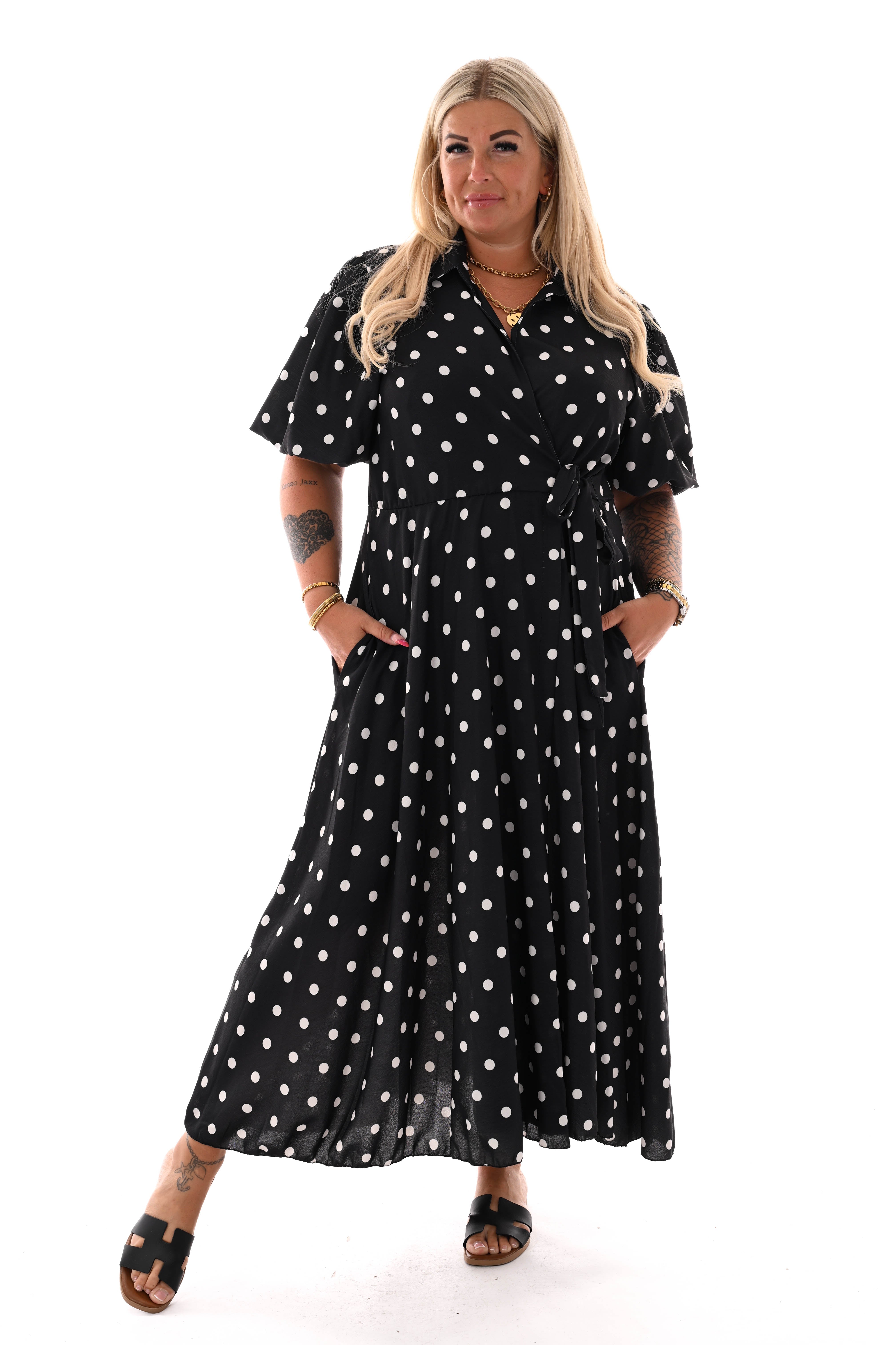 Maxi jurk overslag dots zwart