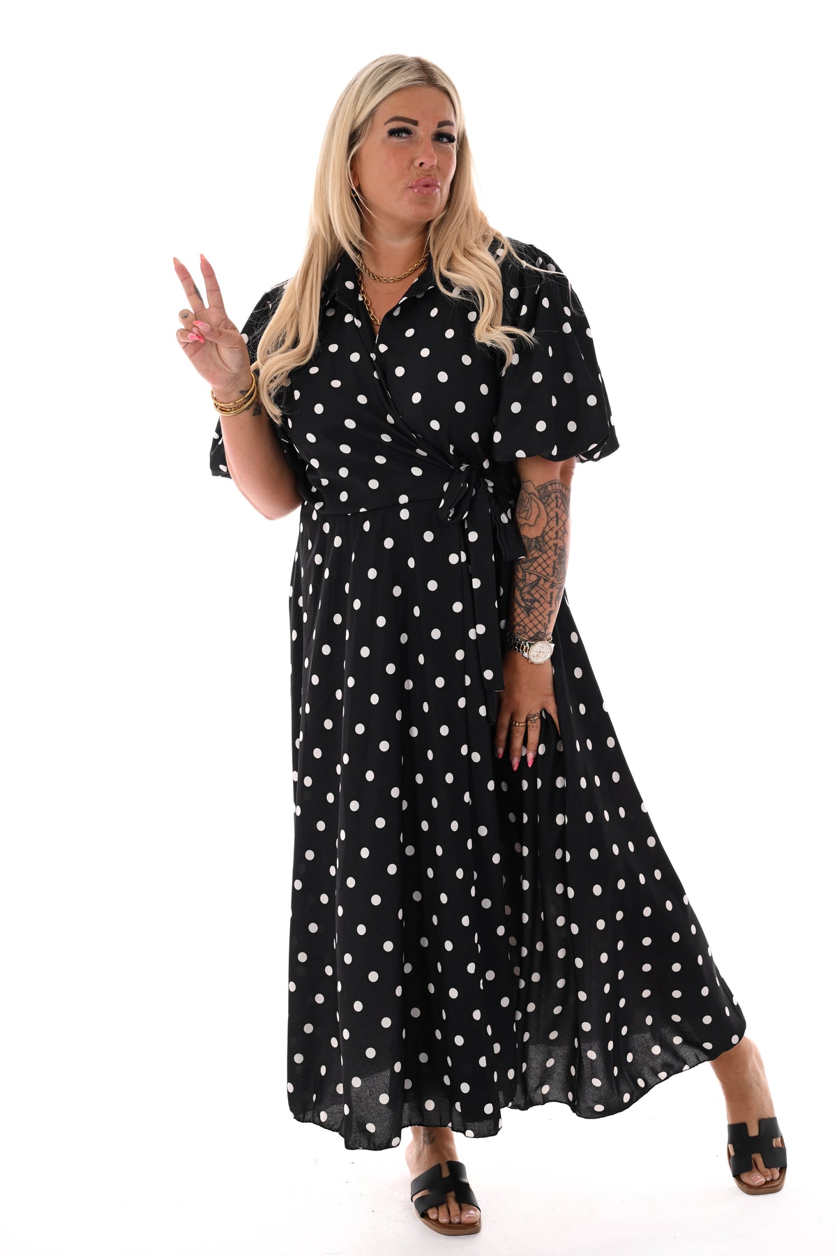 Maxi jurk overslag dots zwart