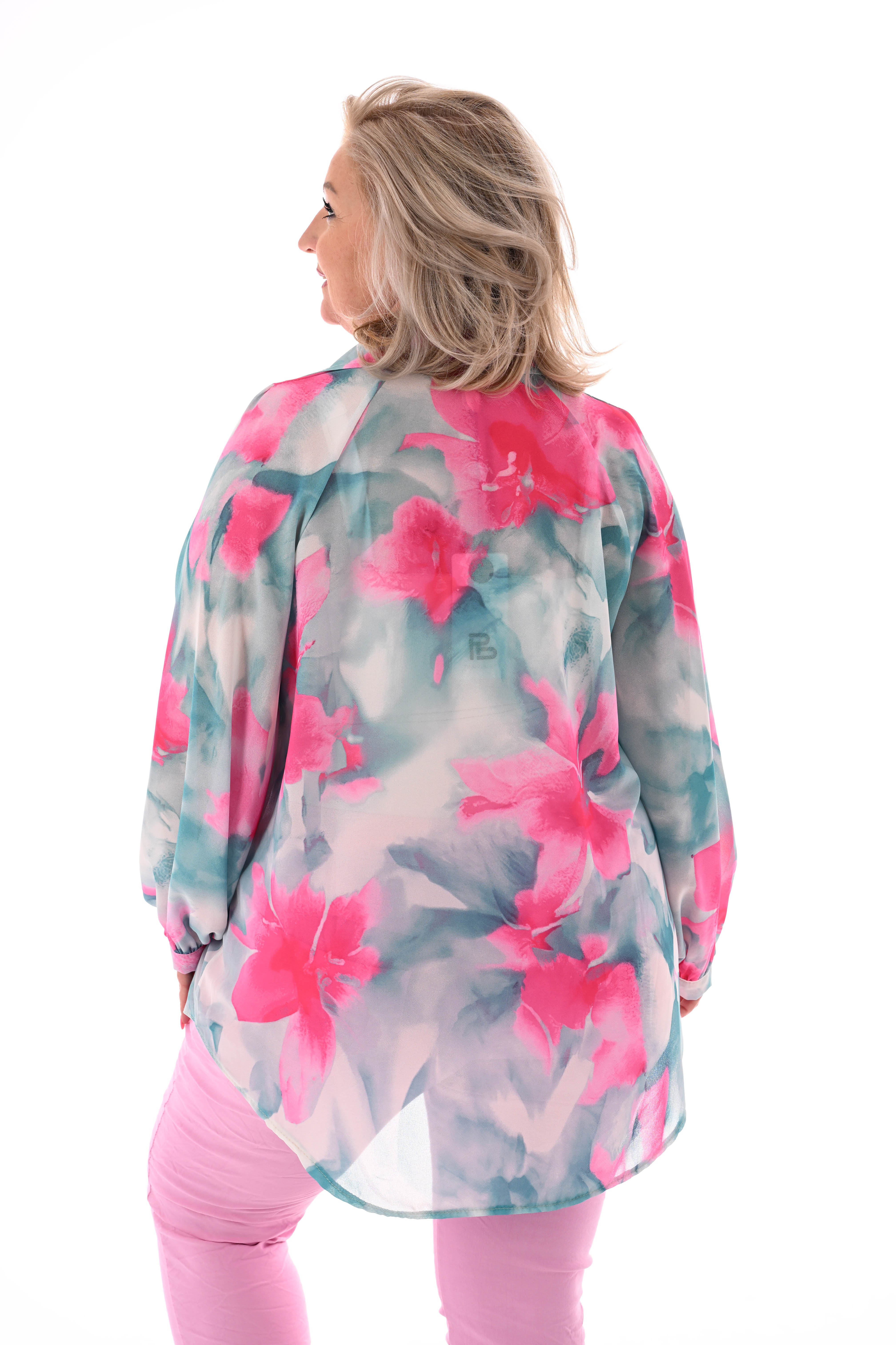 Blouse v-hals bloemen turquoise
