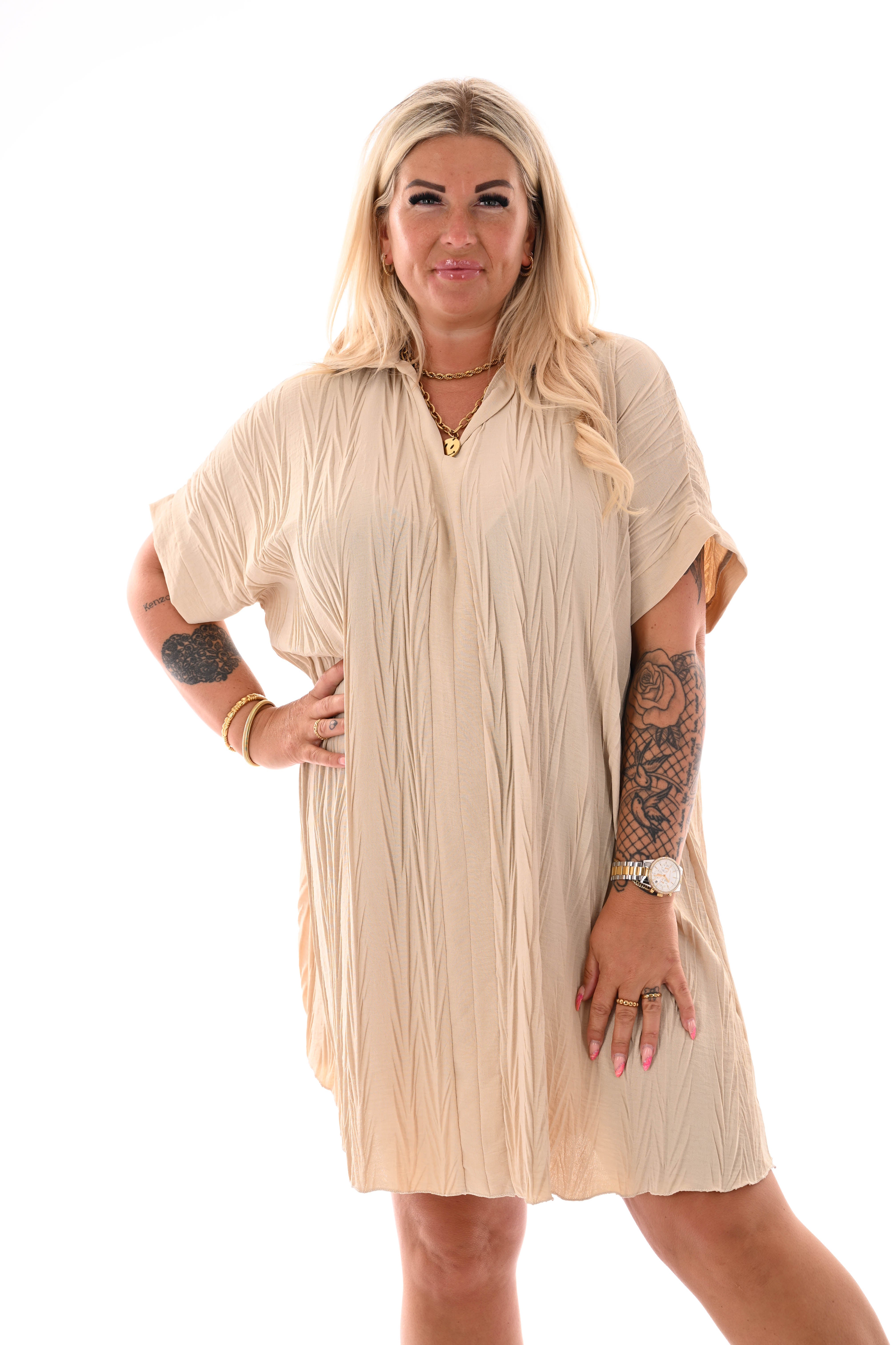 Tuniek v-hals en kraag structuur beige