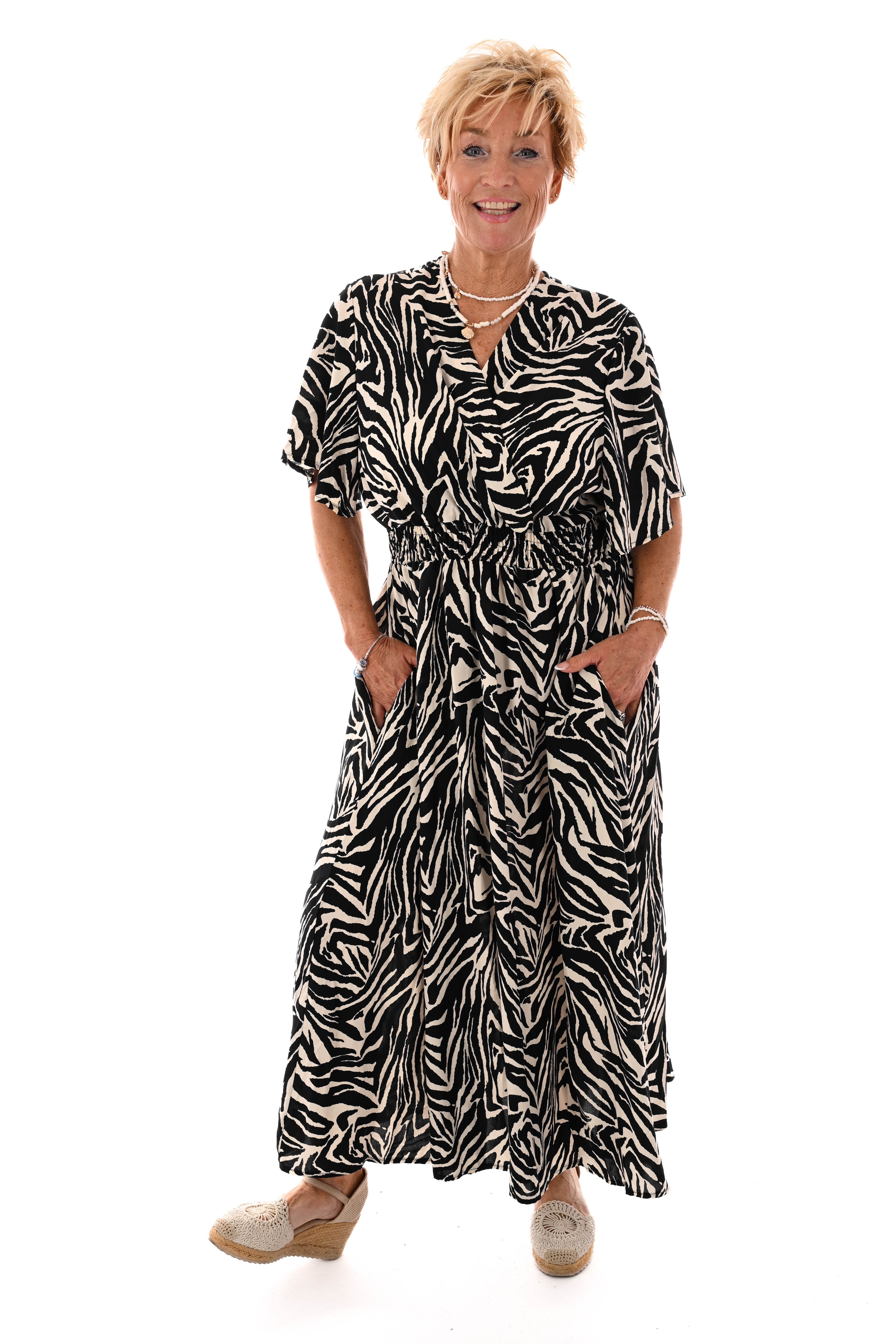 Lange jurk elastieken taille band zebra zwart/wit