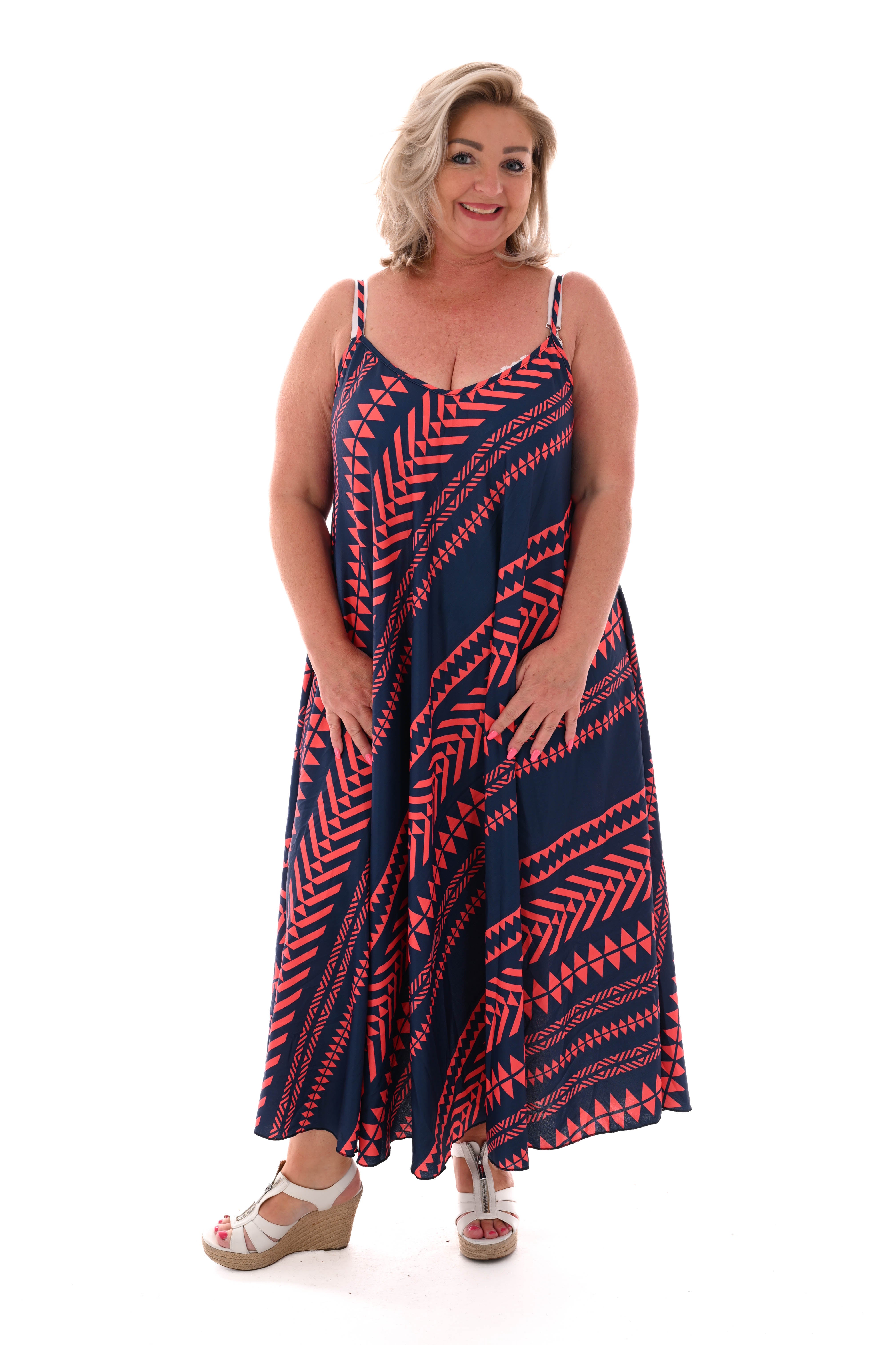 Lange jurk spaghetti bandjes aztec marineblauw