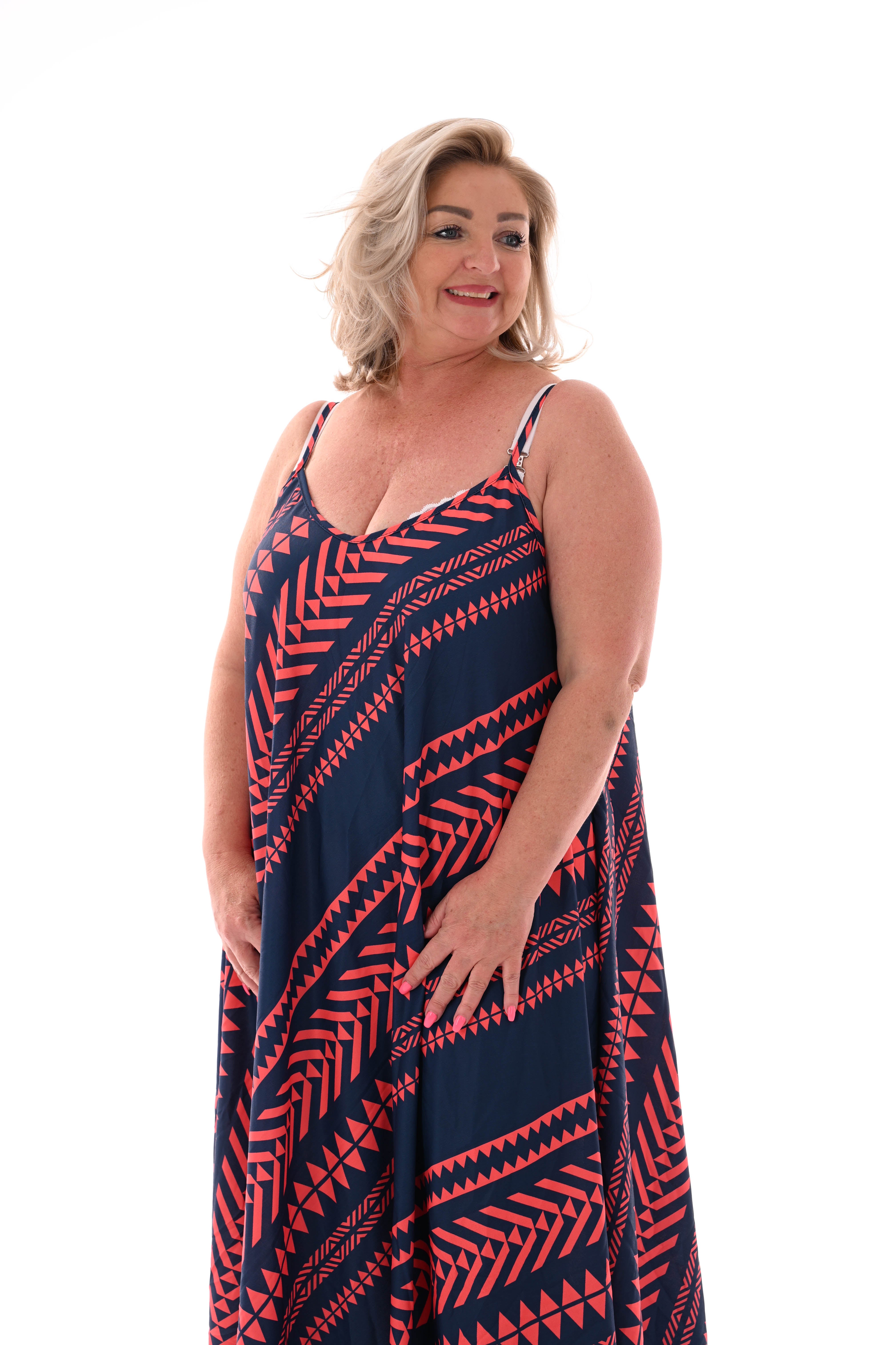 Lange jurk spaghetti bandjes aztec marineblauw