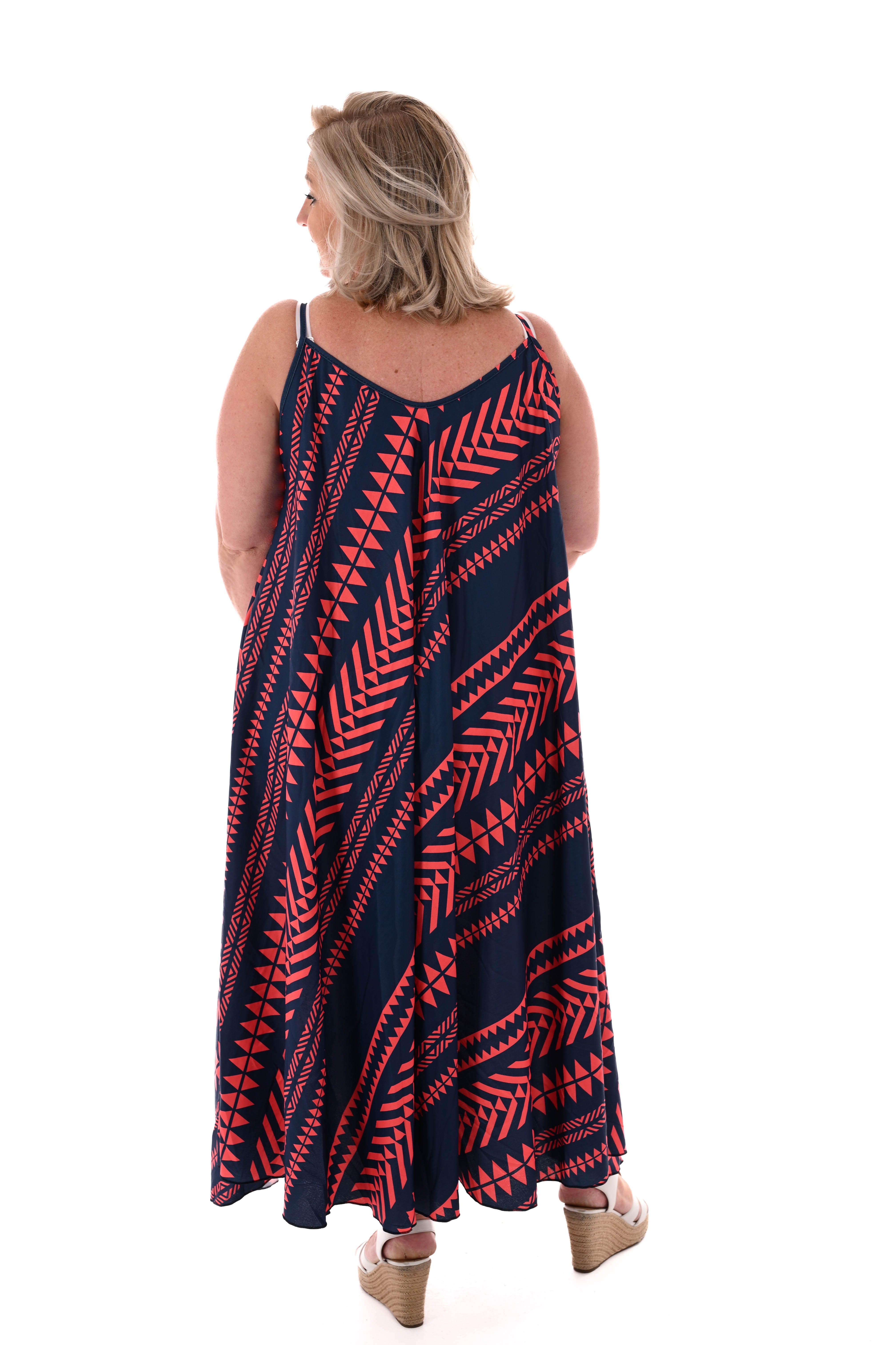 Lange jurk spaghetti bandjes aztec marineblauw