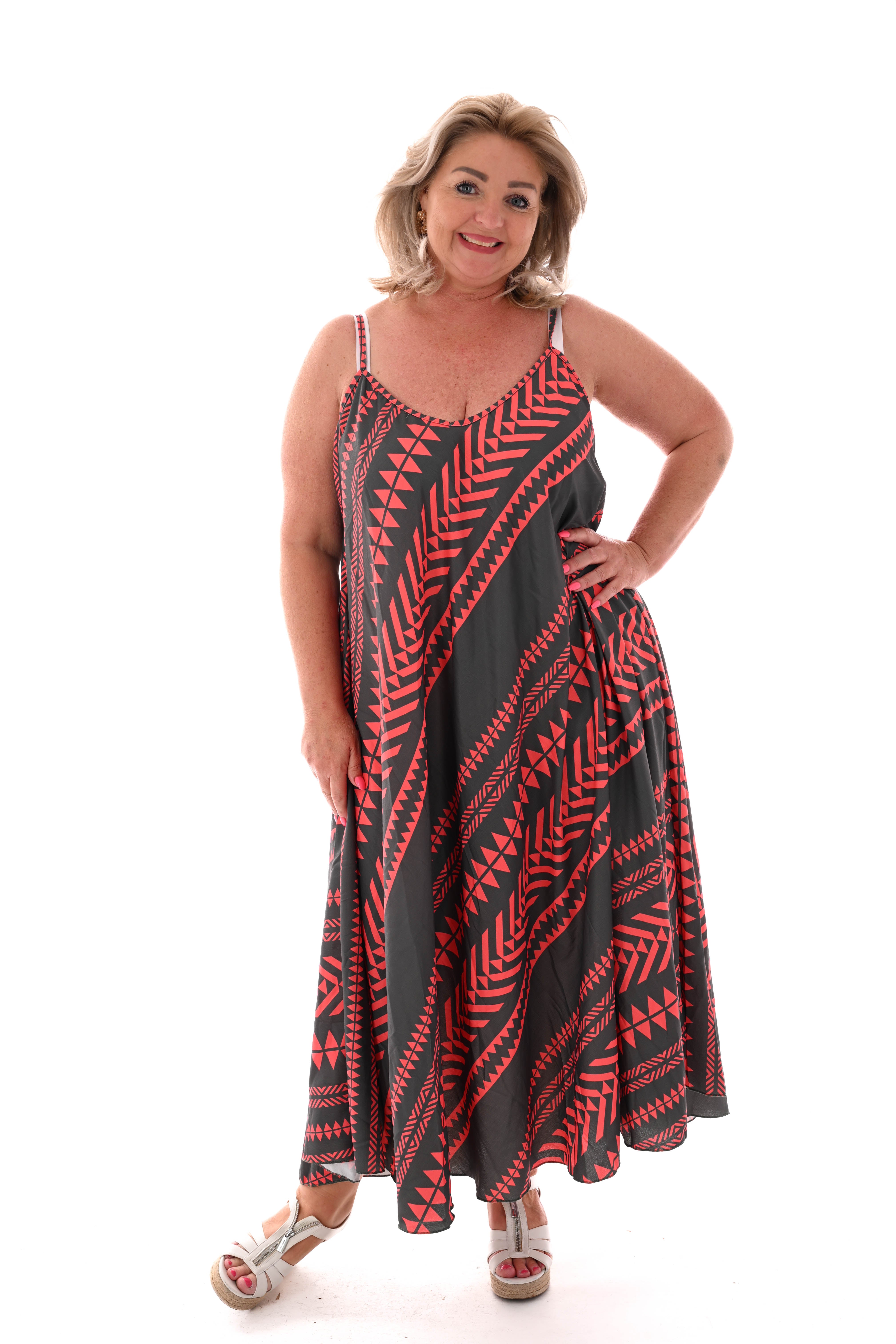 Lange jurk spaghetti bandjes aztec legergroen