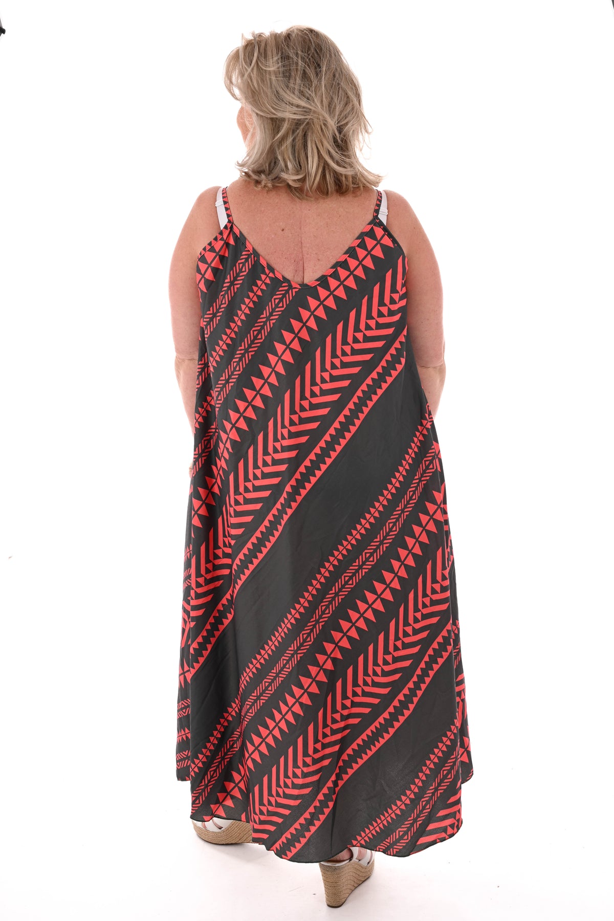 Lange jurk spaghetti bandjes aztec legergroen