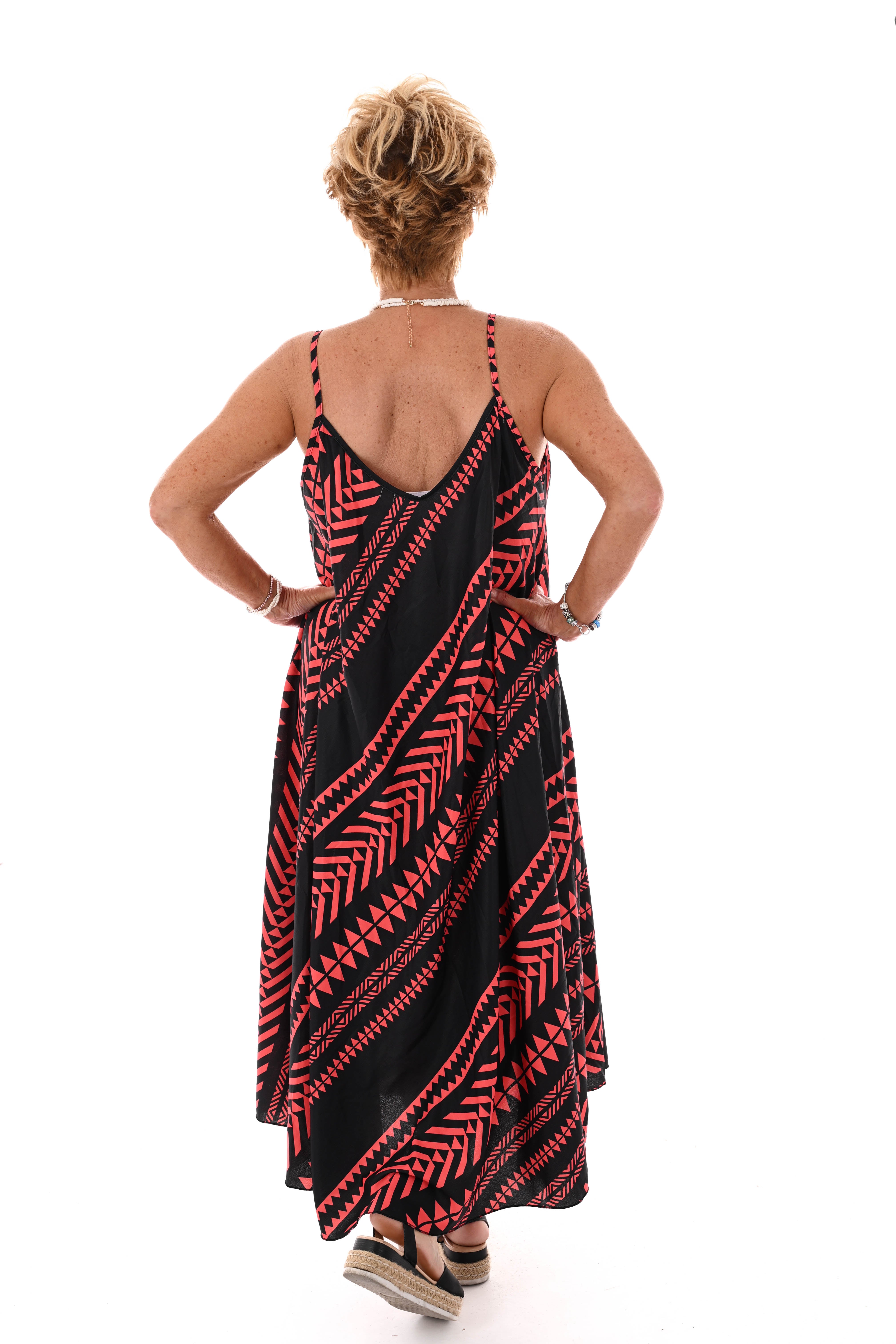 Lange jurk spaghetti bandjes aztec zwart