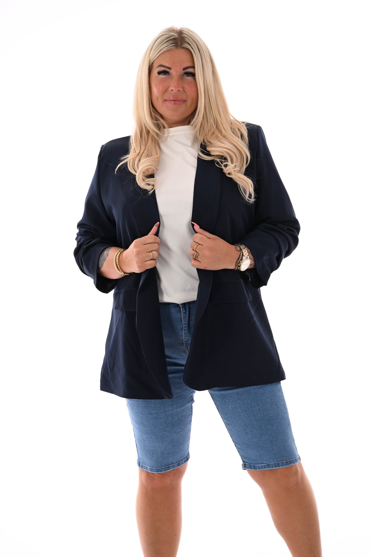 Blazer ophaalmouwen uni marineblauw