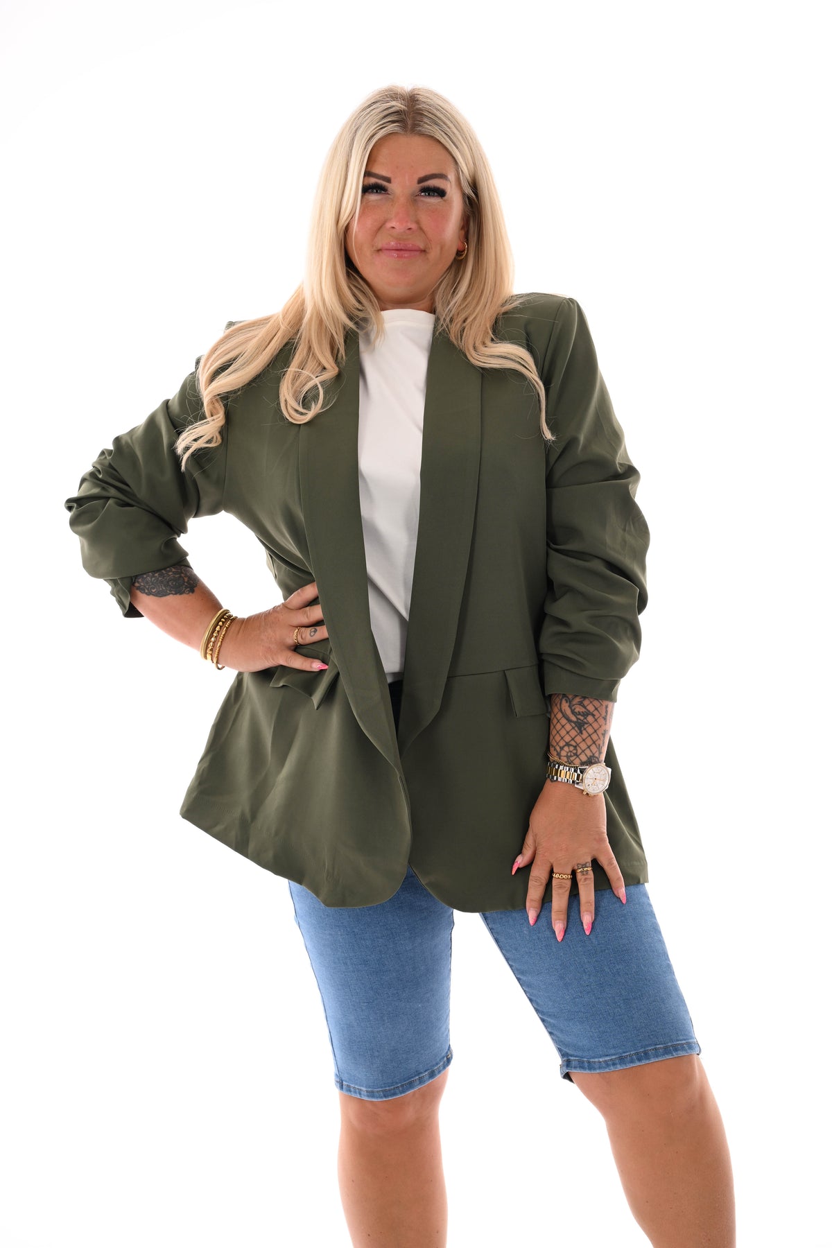 Blazer ophaalmouwen uni legergroen