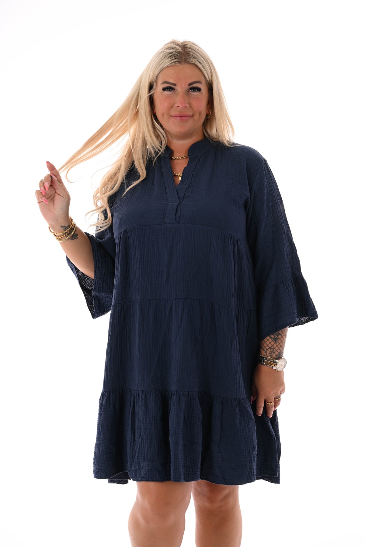 Wafel tuniek v-hals marineblauw