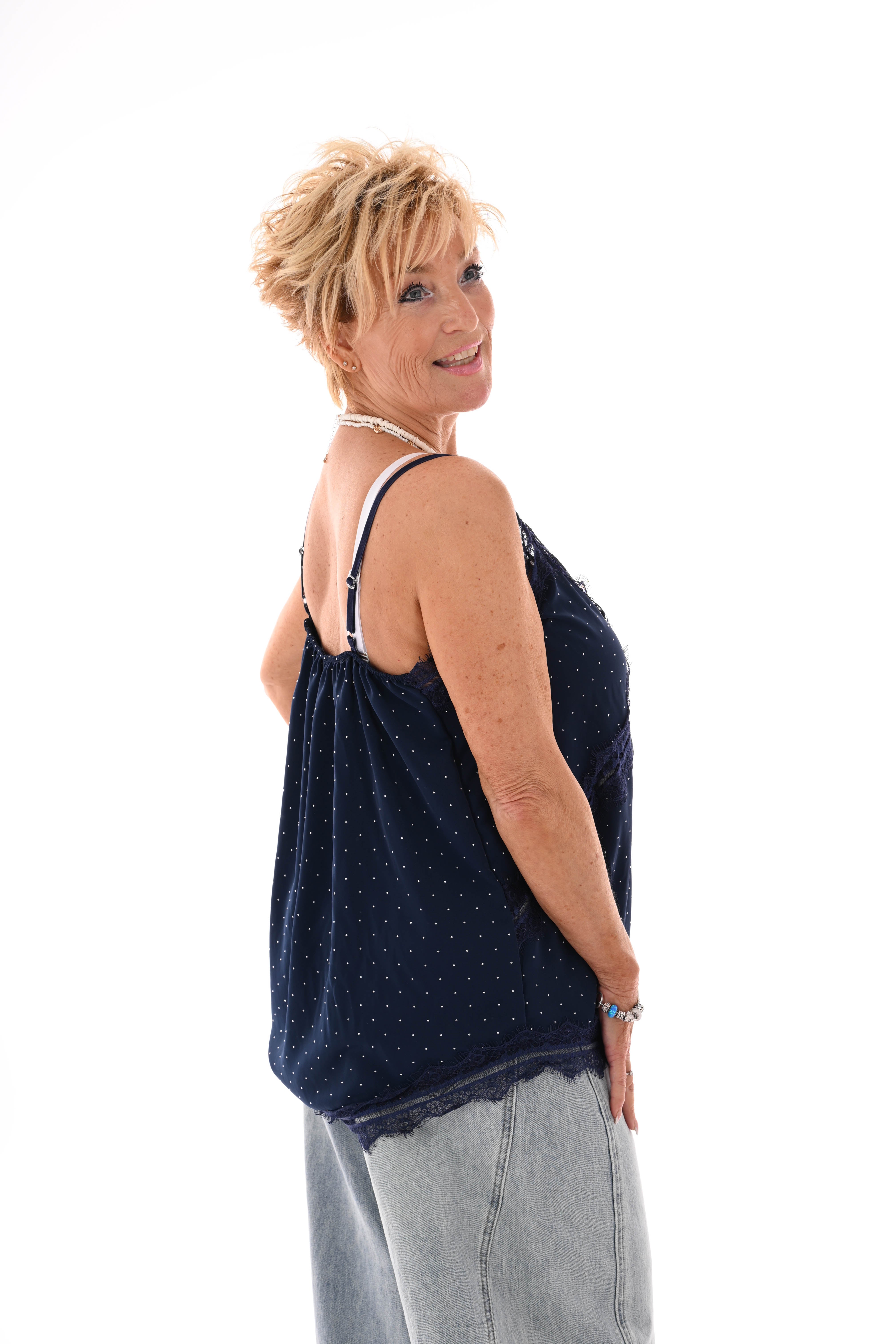 Hemdje kant en strass marineblauw