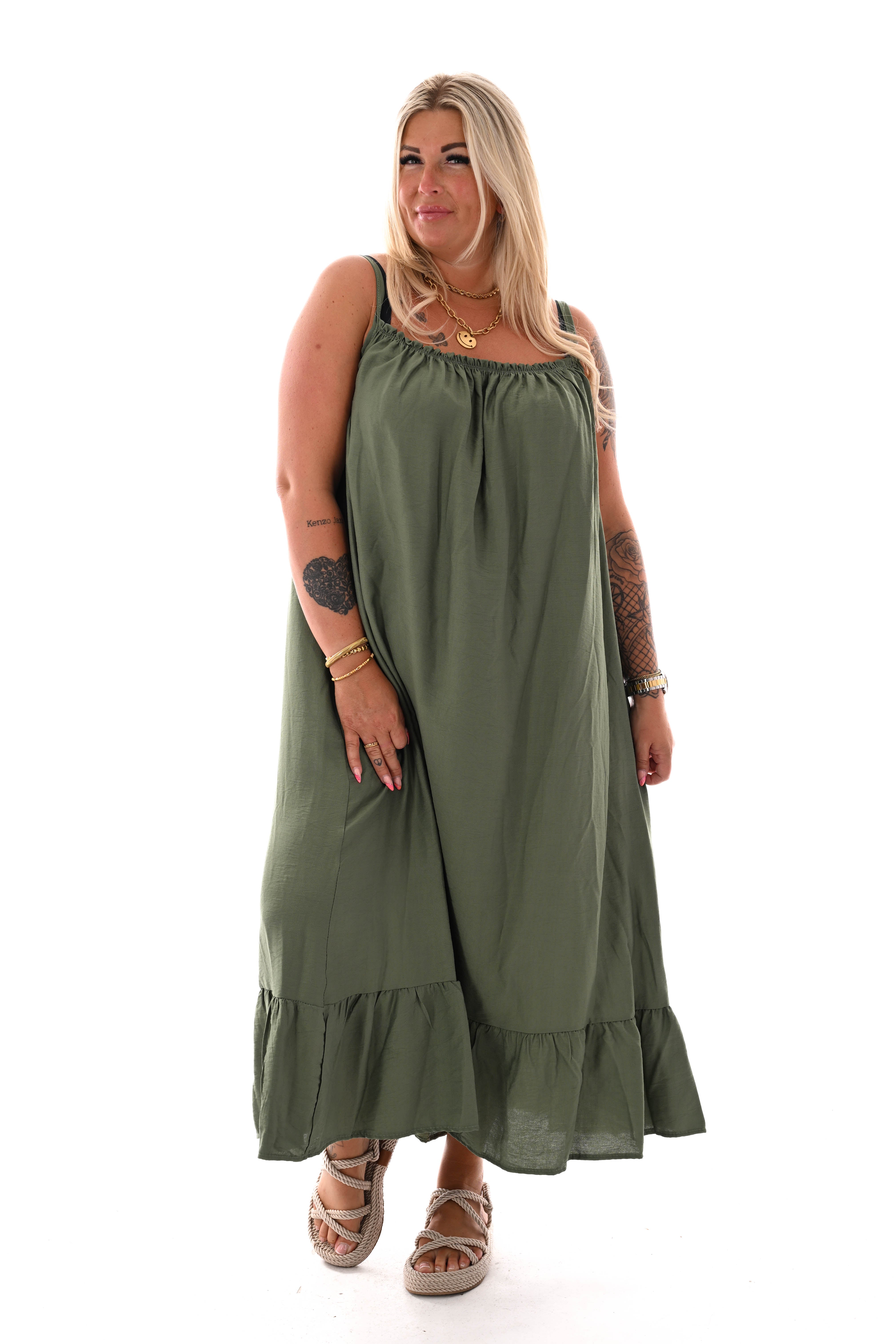Jurk spaghetti bandjes met stretch legergroen