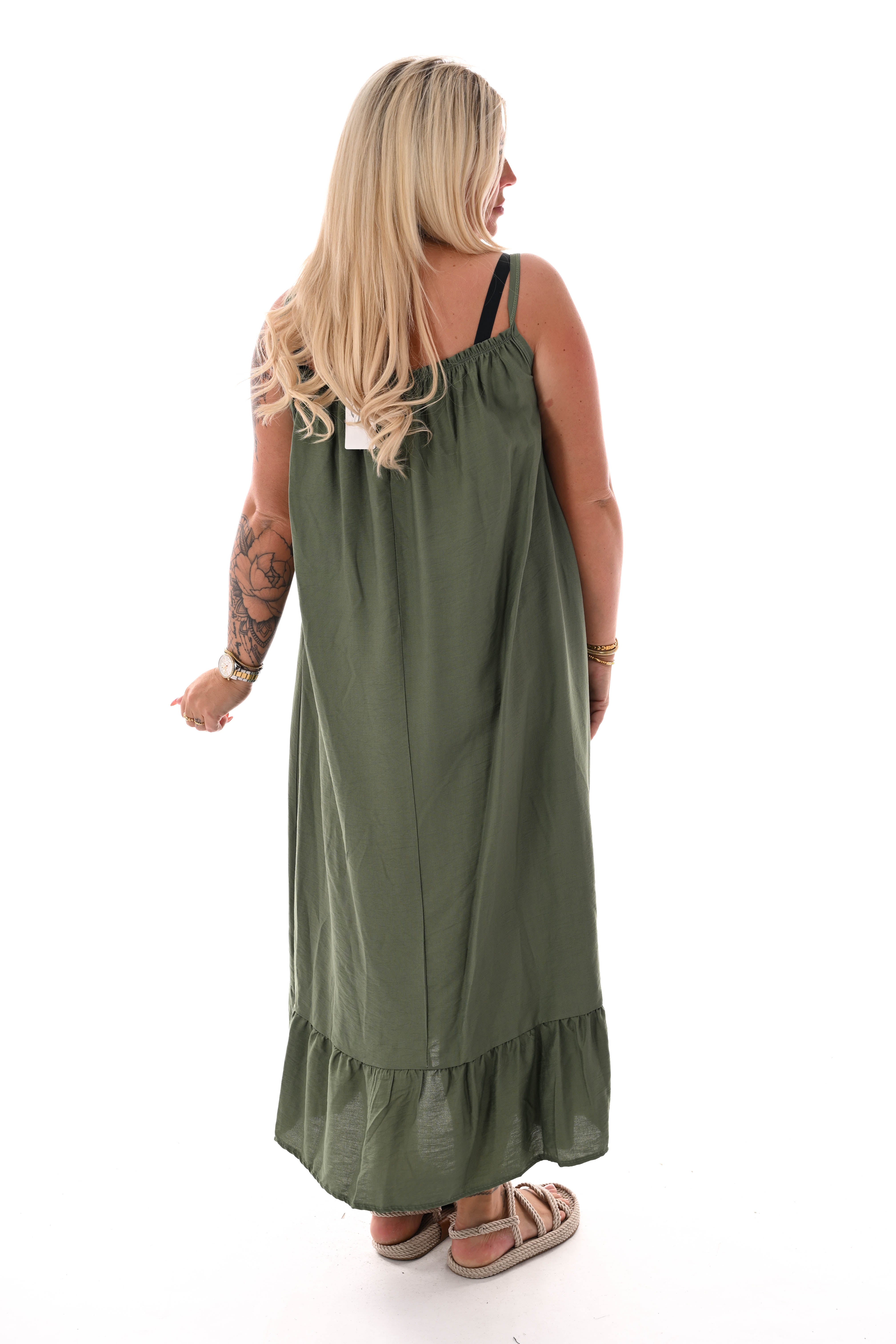 Jurk spaghetti bandjes met stretch legergroen