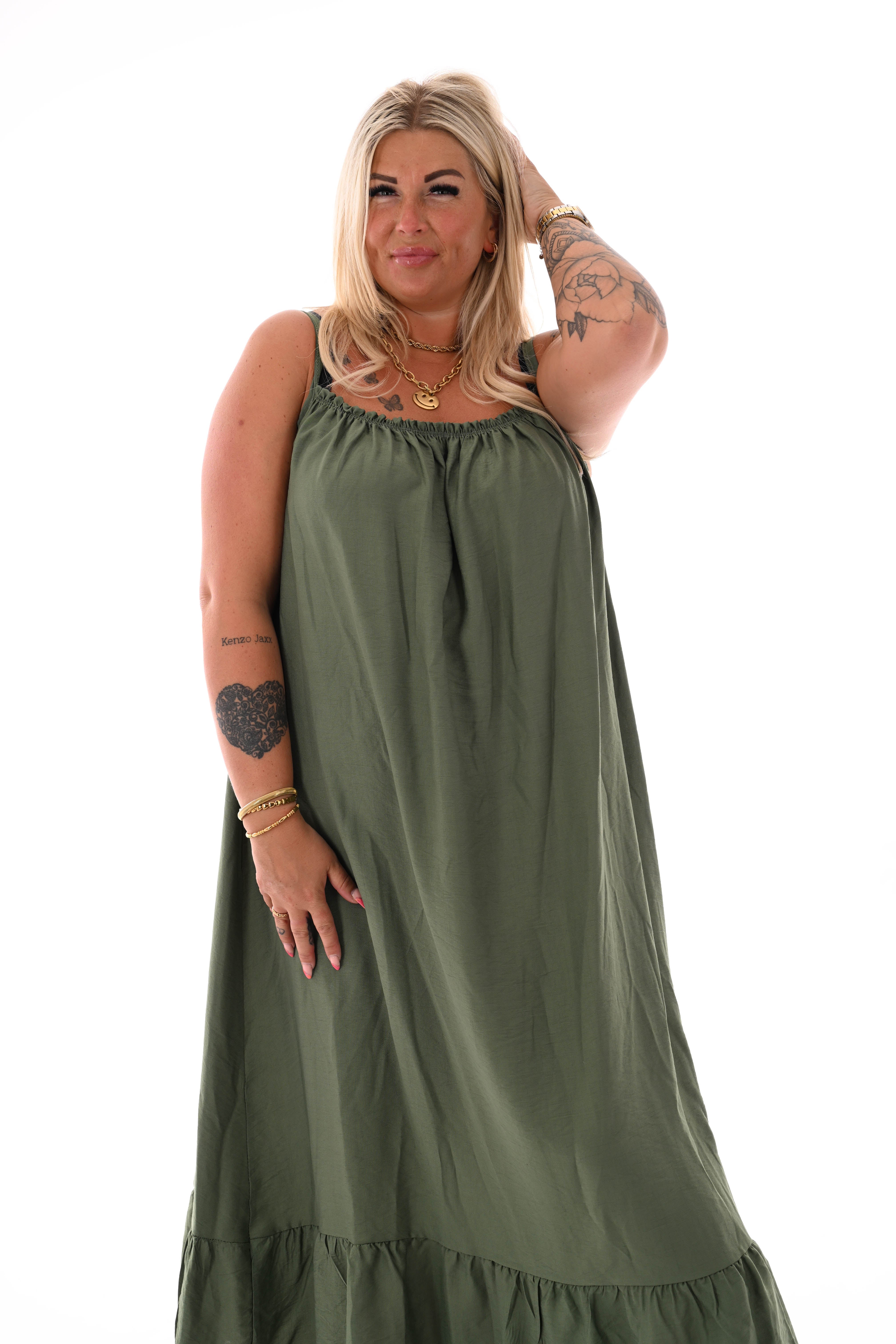 Jurk spaghetti bandjes met stretch legergroen