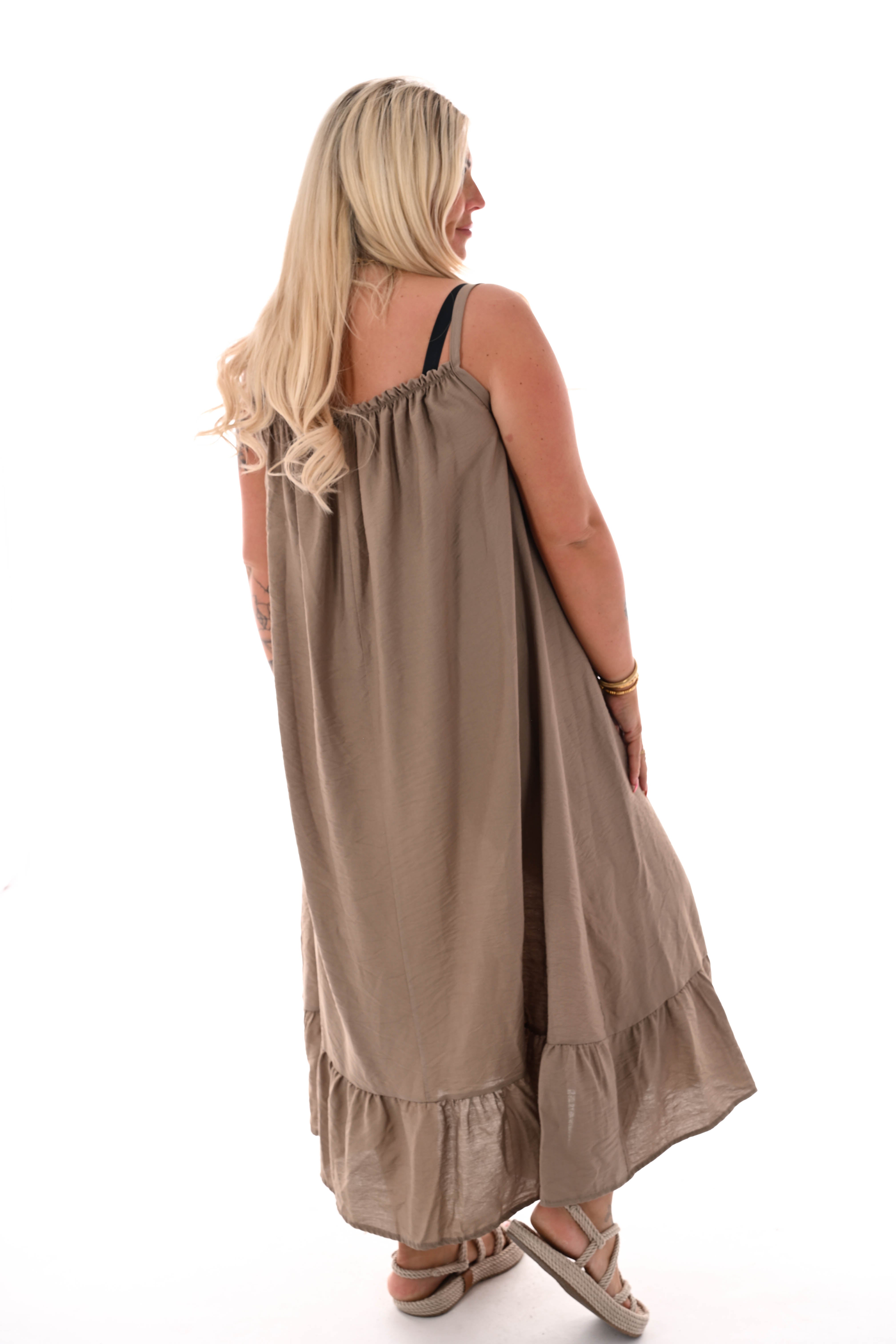 Jurk spaghetti bandjes met stretch taupe