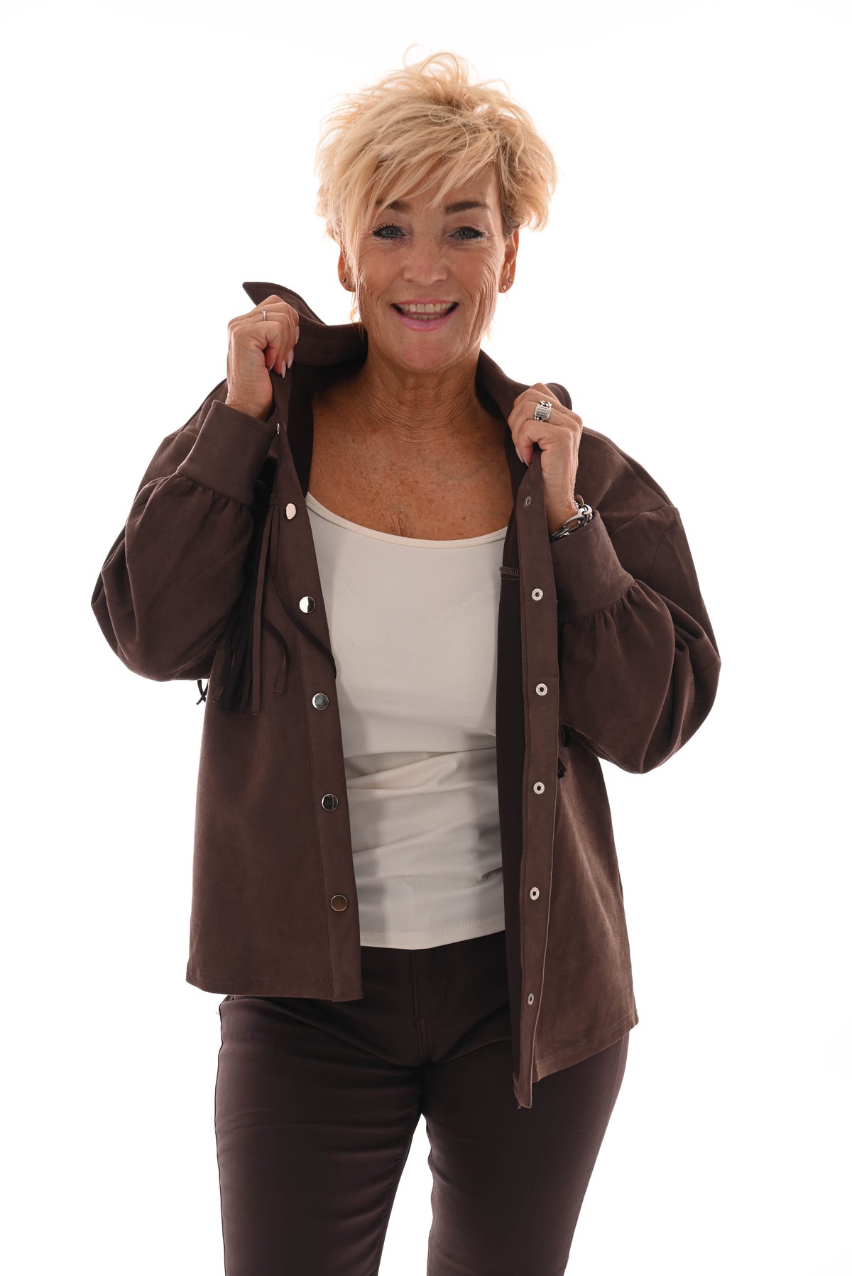 Suede look blouse franjes donkerbruin