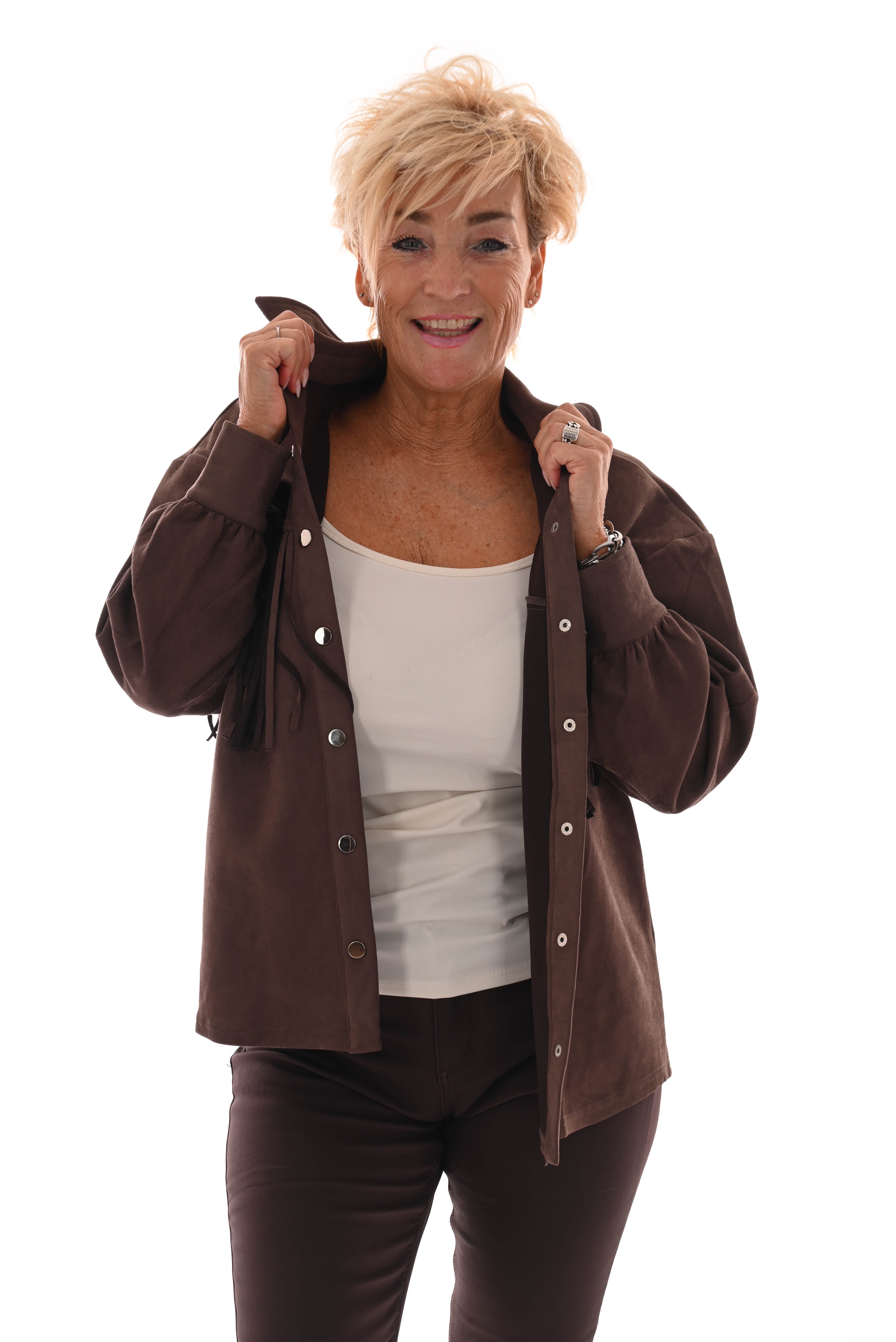 Suede look blouse franjes donkerbruin