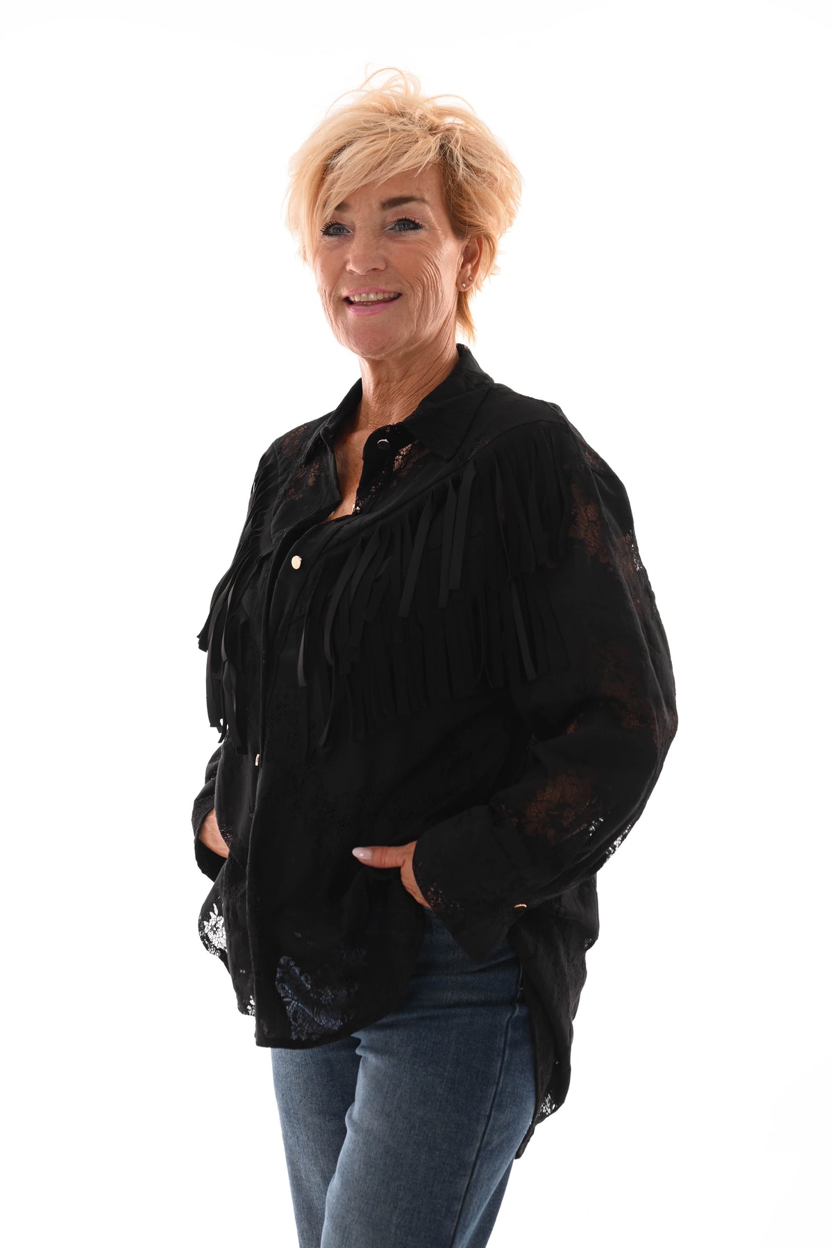 Blouse kant met franjes zwart