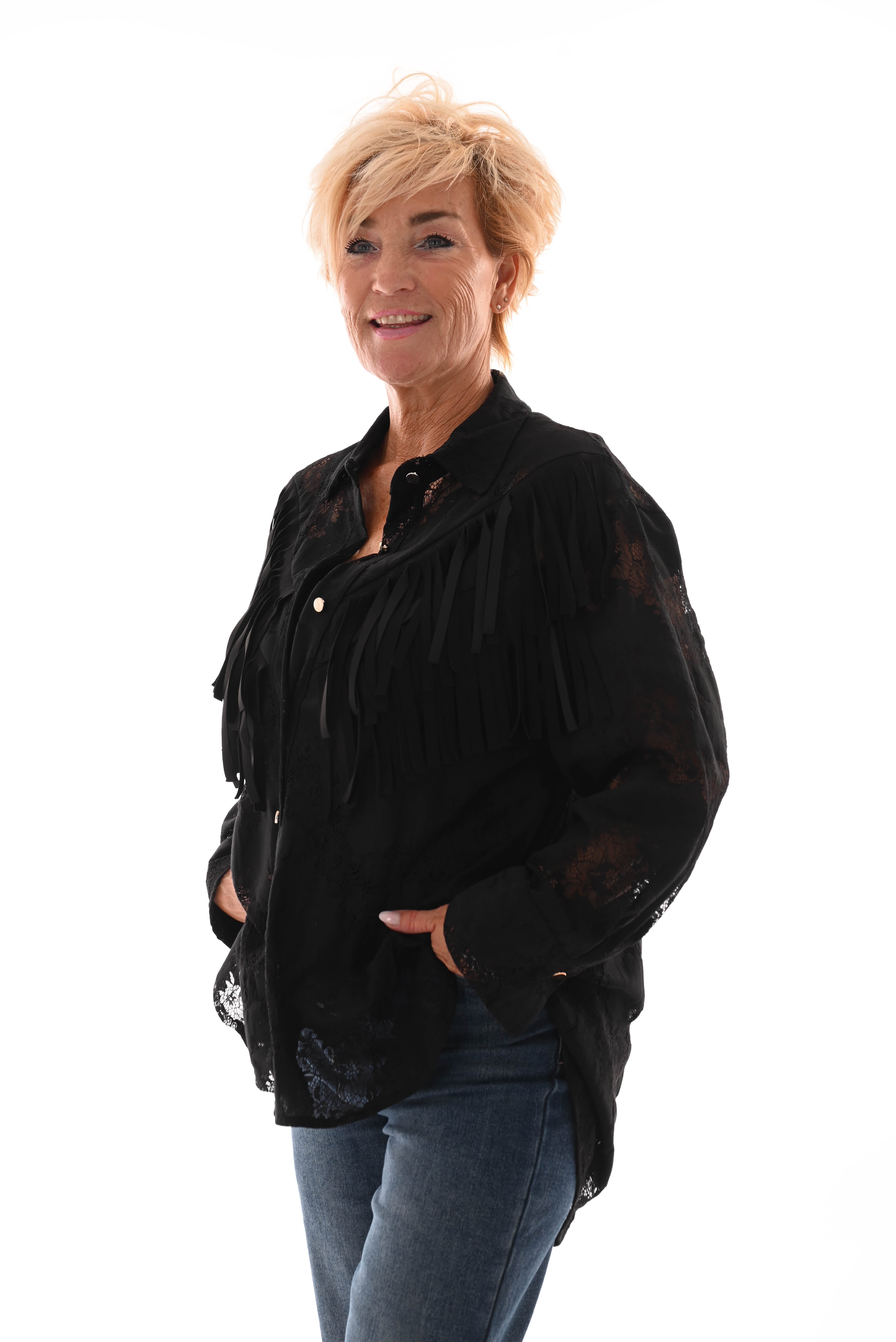 Blouse kant met franjes zwart