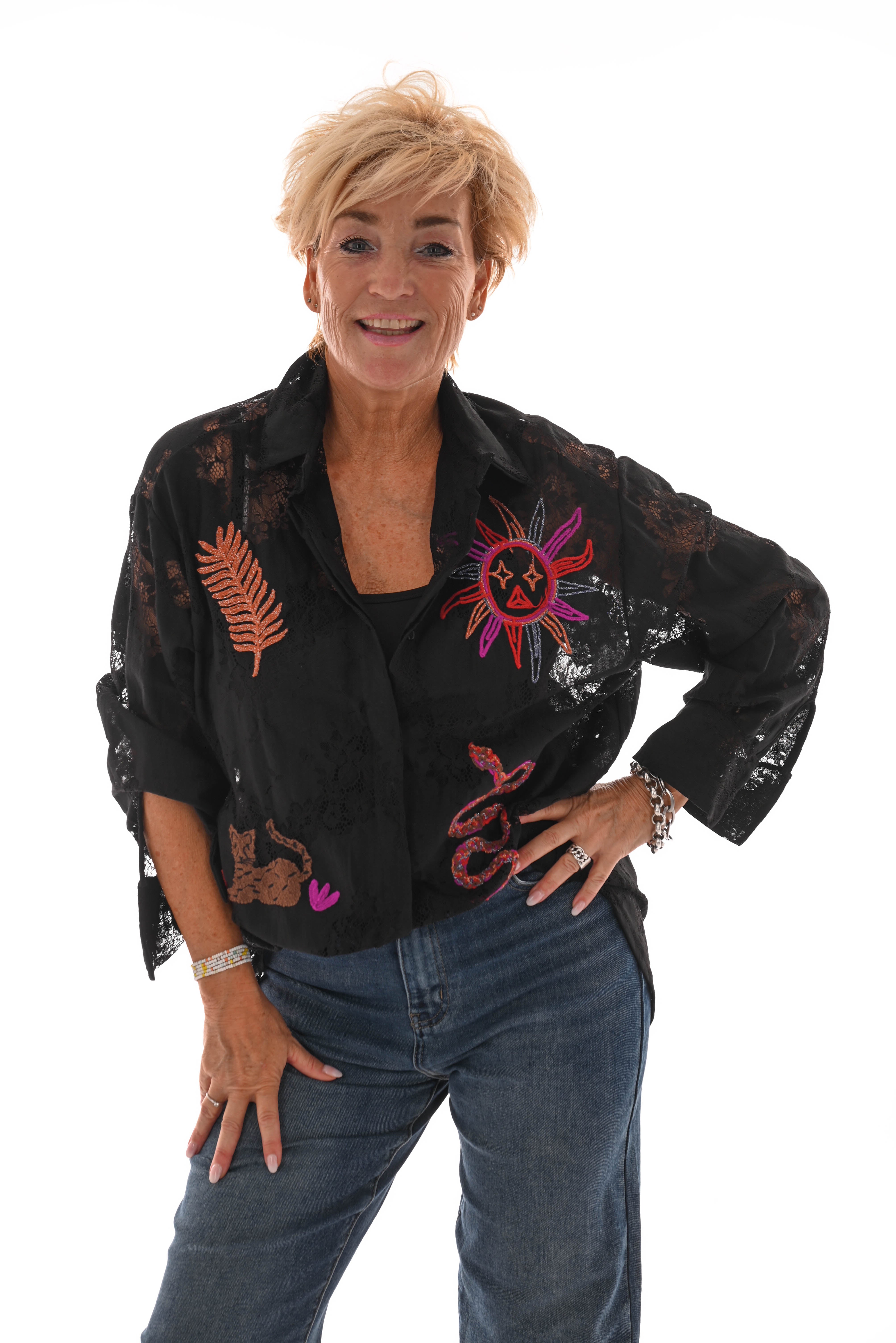 Blouse kant met applicaties zwart