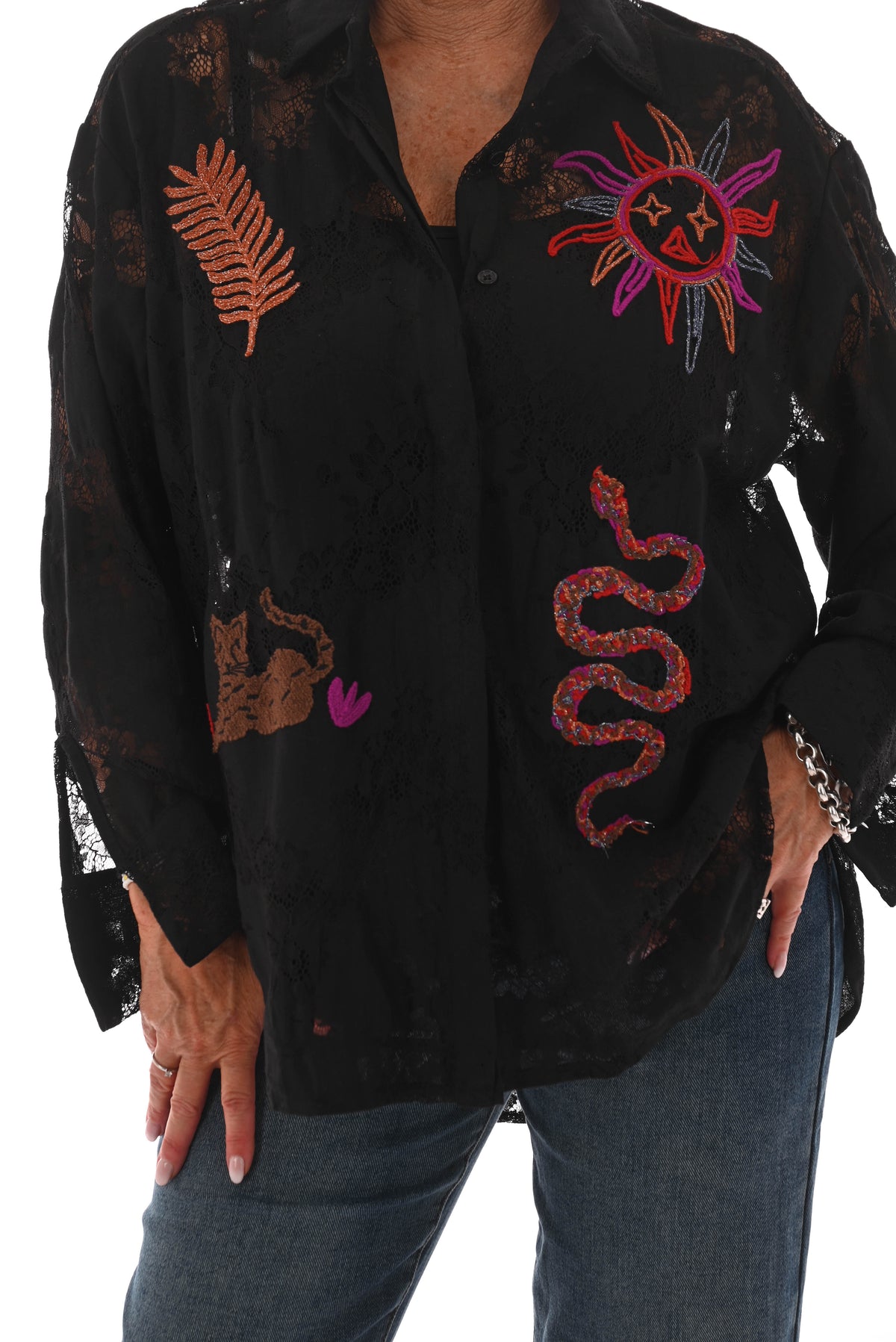 Blouse kant met applicaties zwart