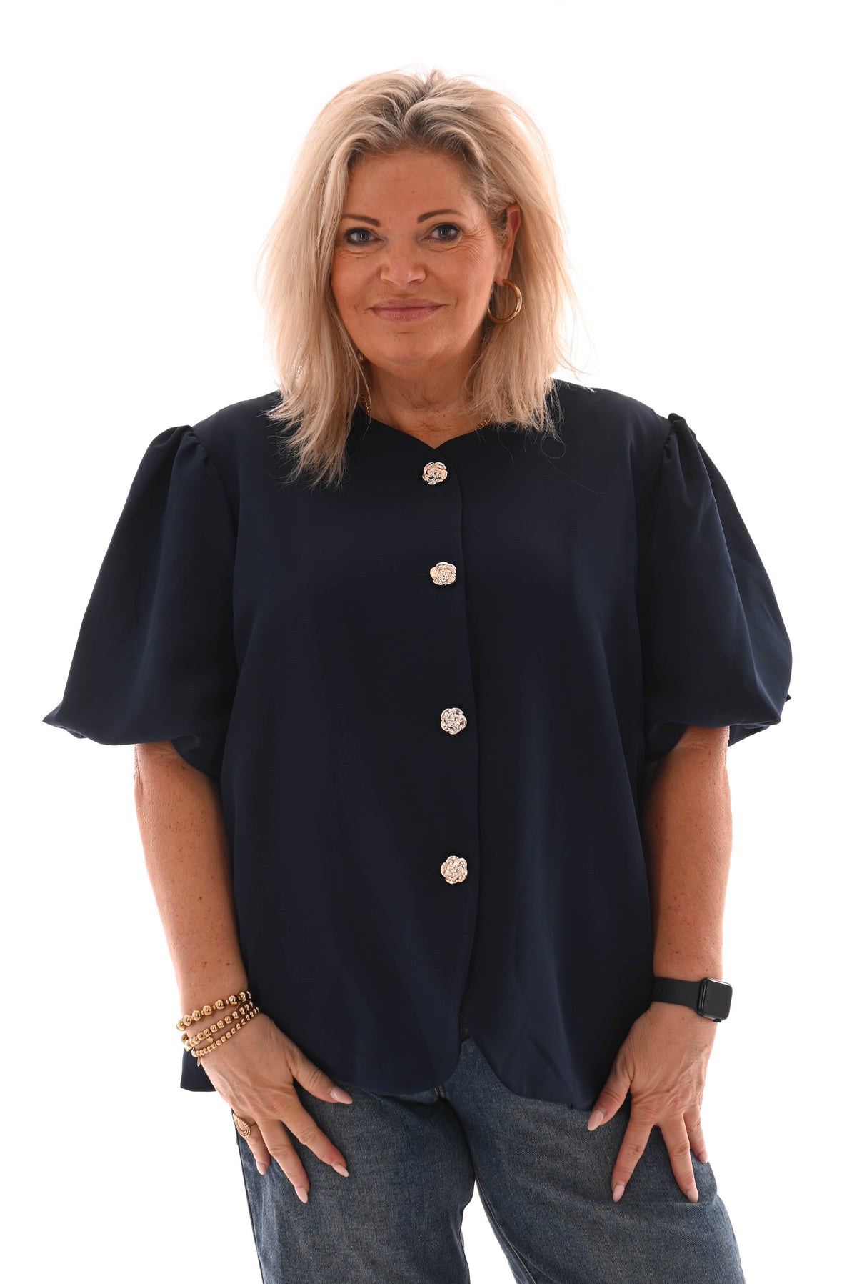 Blazer korte pofmouwen met knopen marineblauw