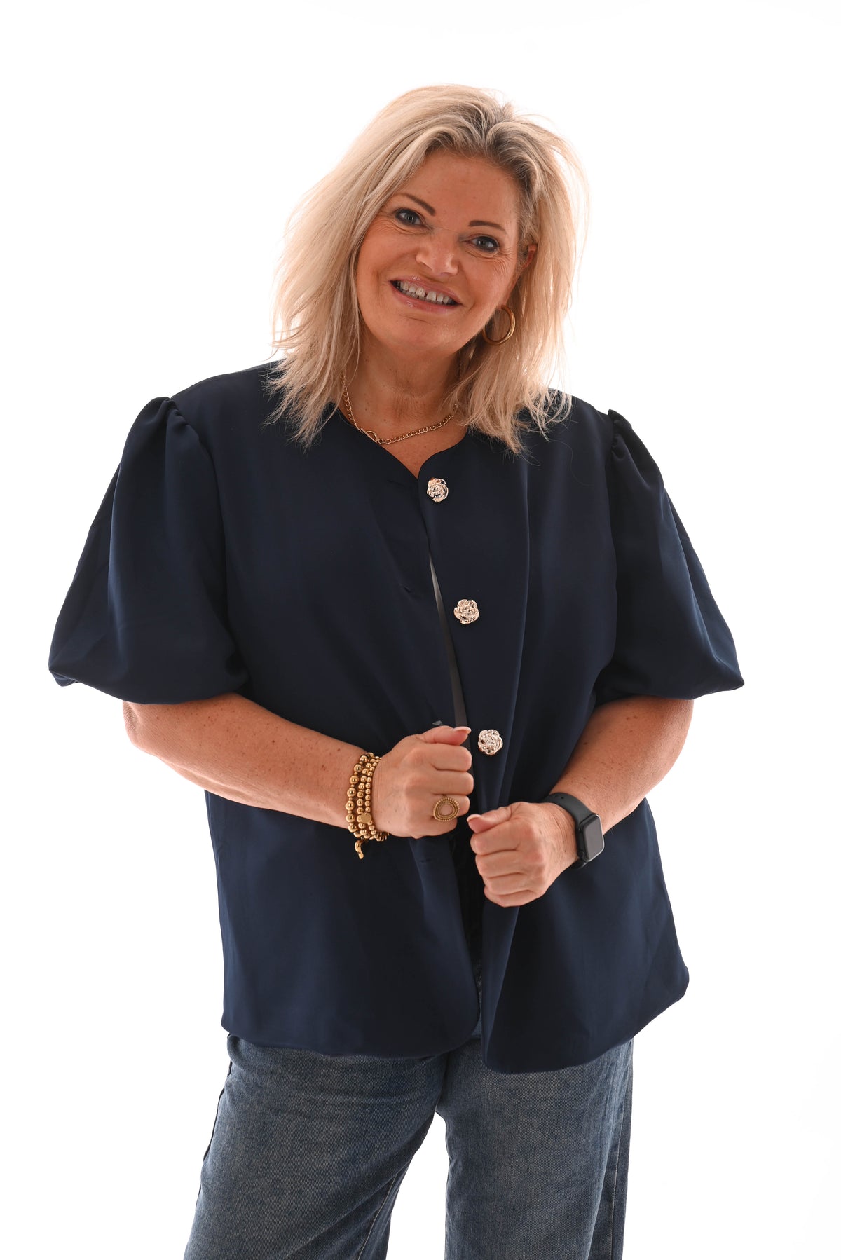 Blazer korte pofmouwen met knopen marineblauw