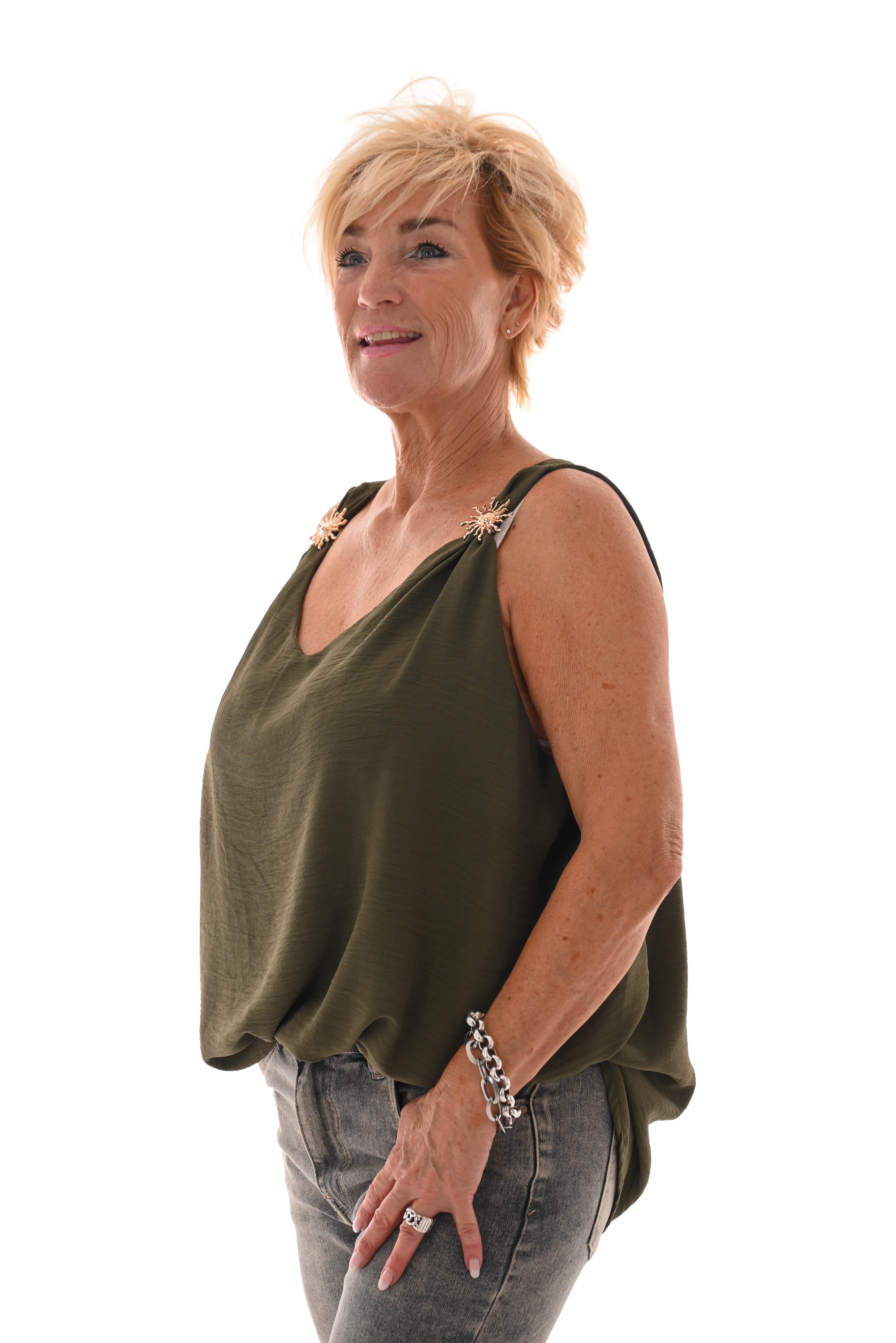 Top mouwloos  zon detail olijfgroen