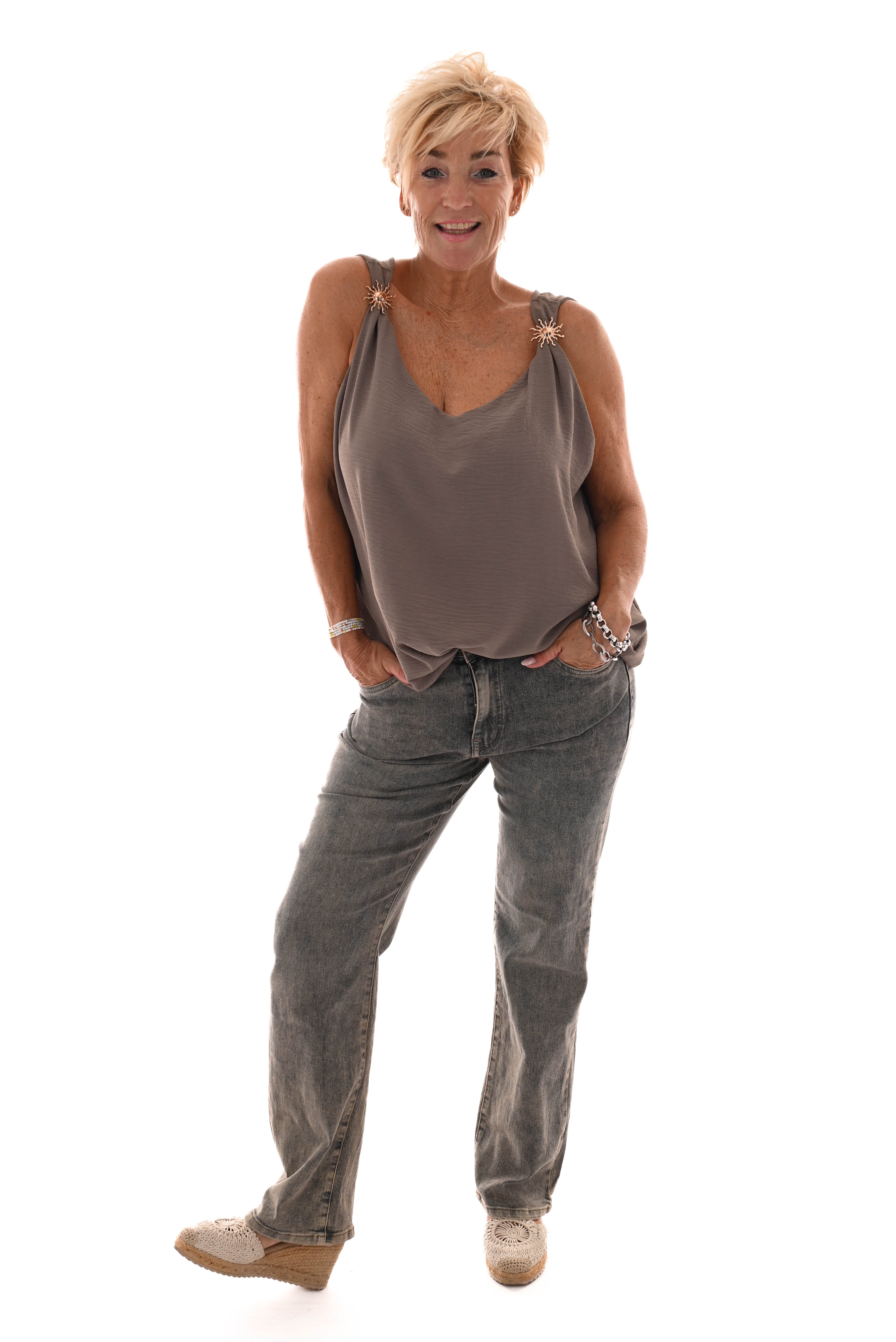 Top mouwloos  zon detail taupe