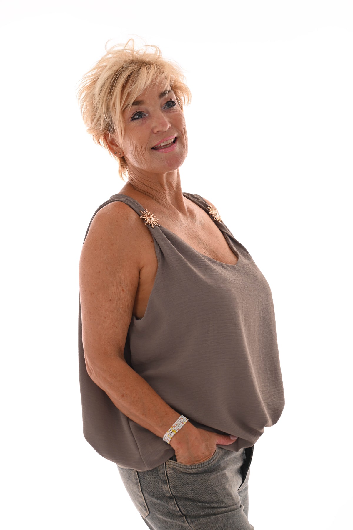 Top mouwloos  zon detail taupe