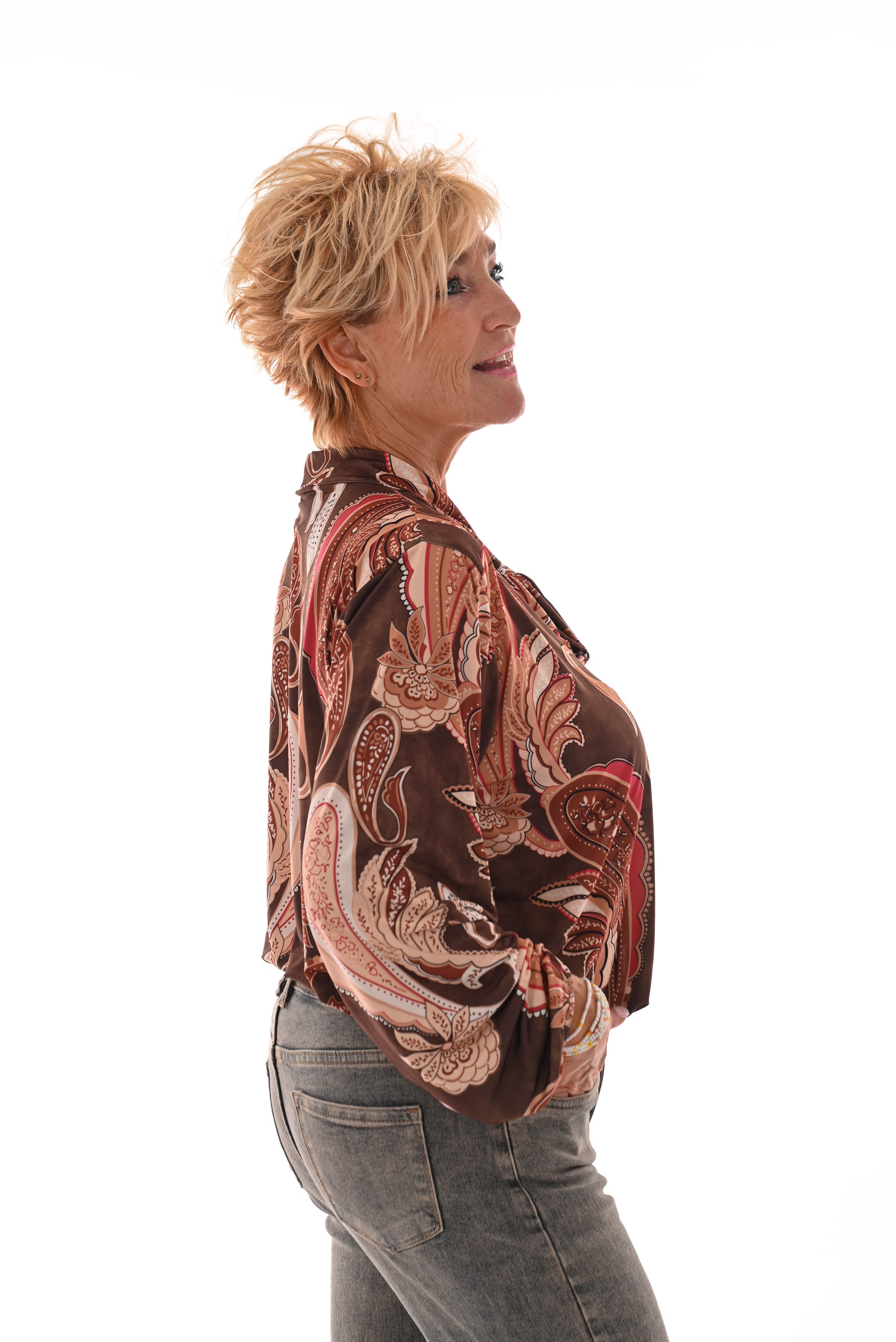 Top lange mouwen paisley strik detail bruin