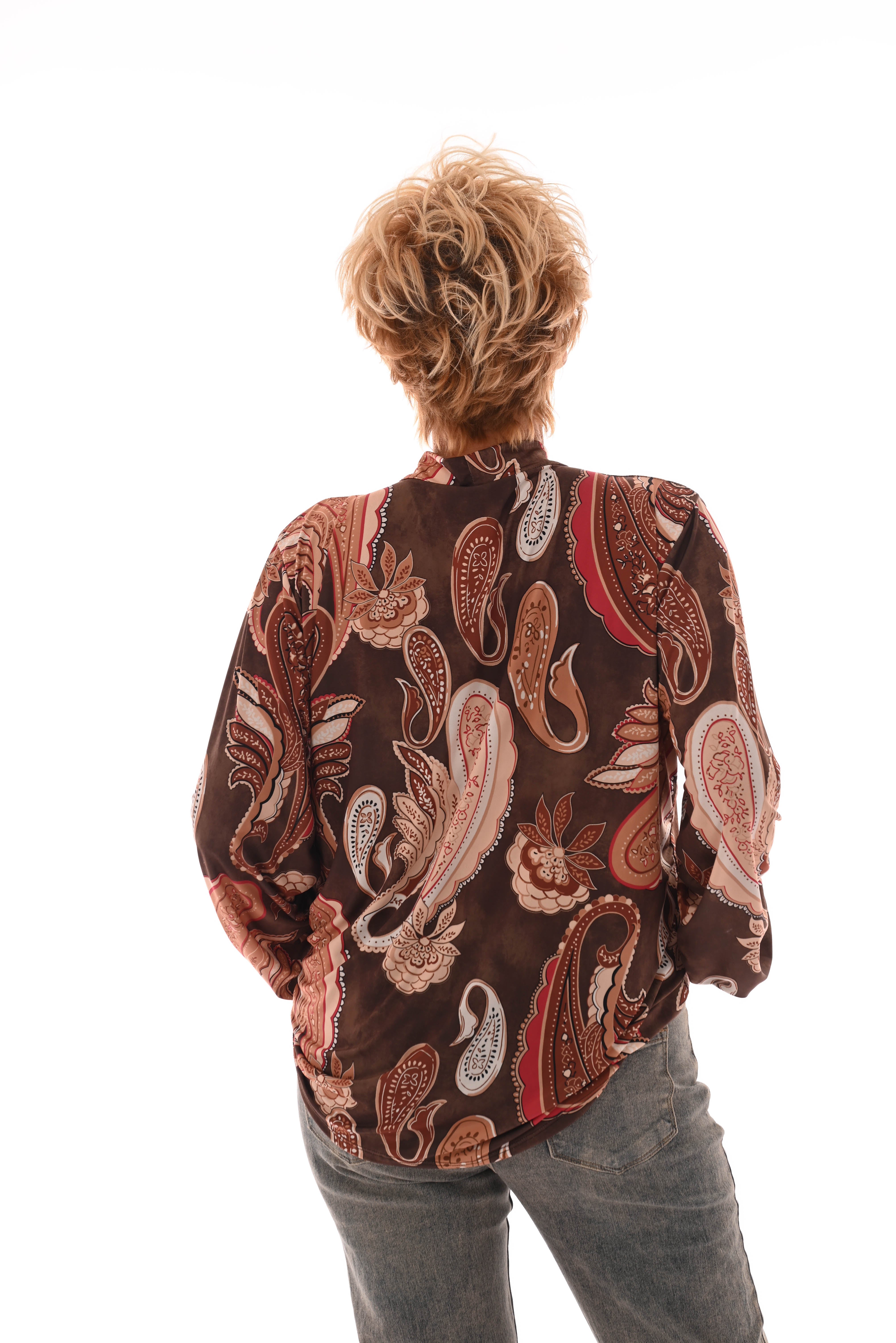 Top lange mouwen paisley strik detail bruin