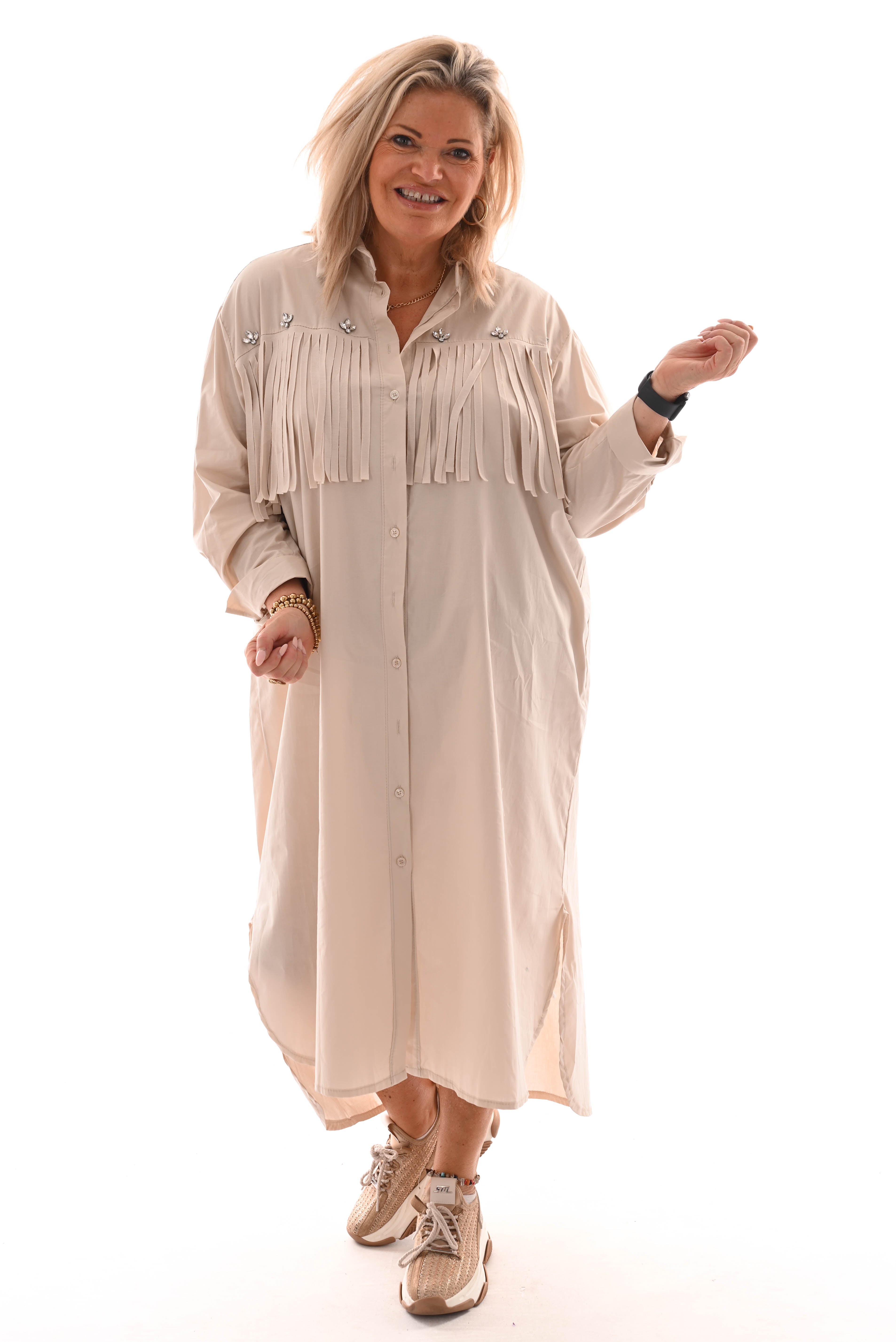 Blouse jurk met franjes met borstzak beige