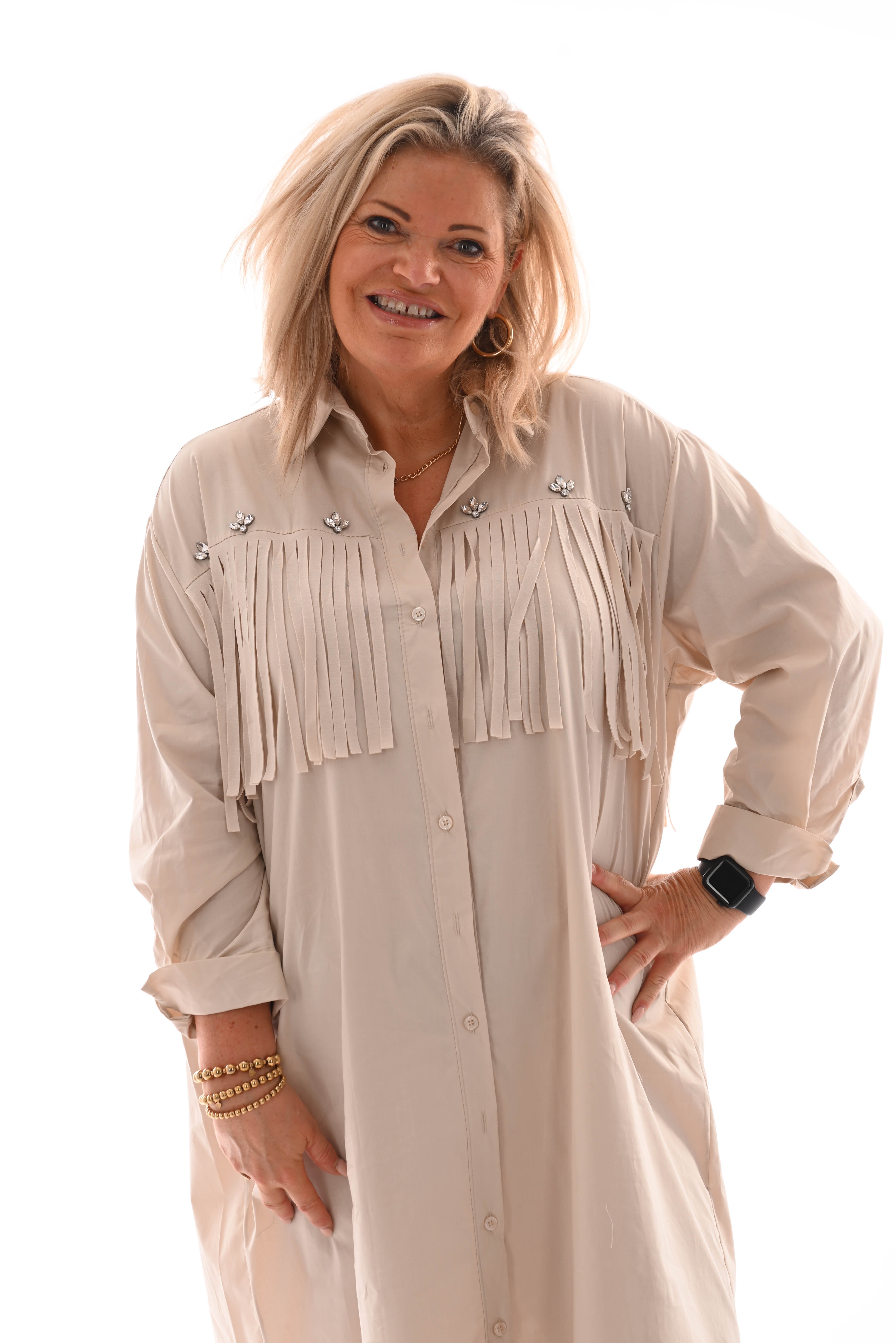 Blouse jurk met franjes met borstzak beige