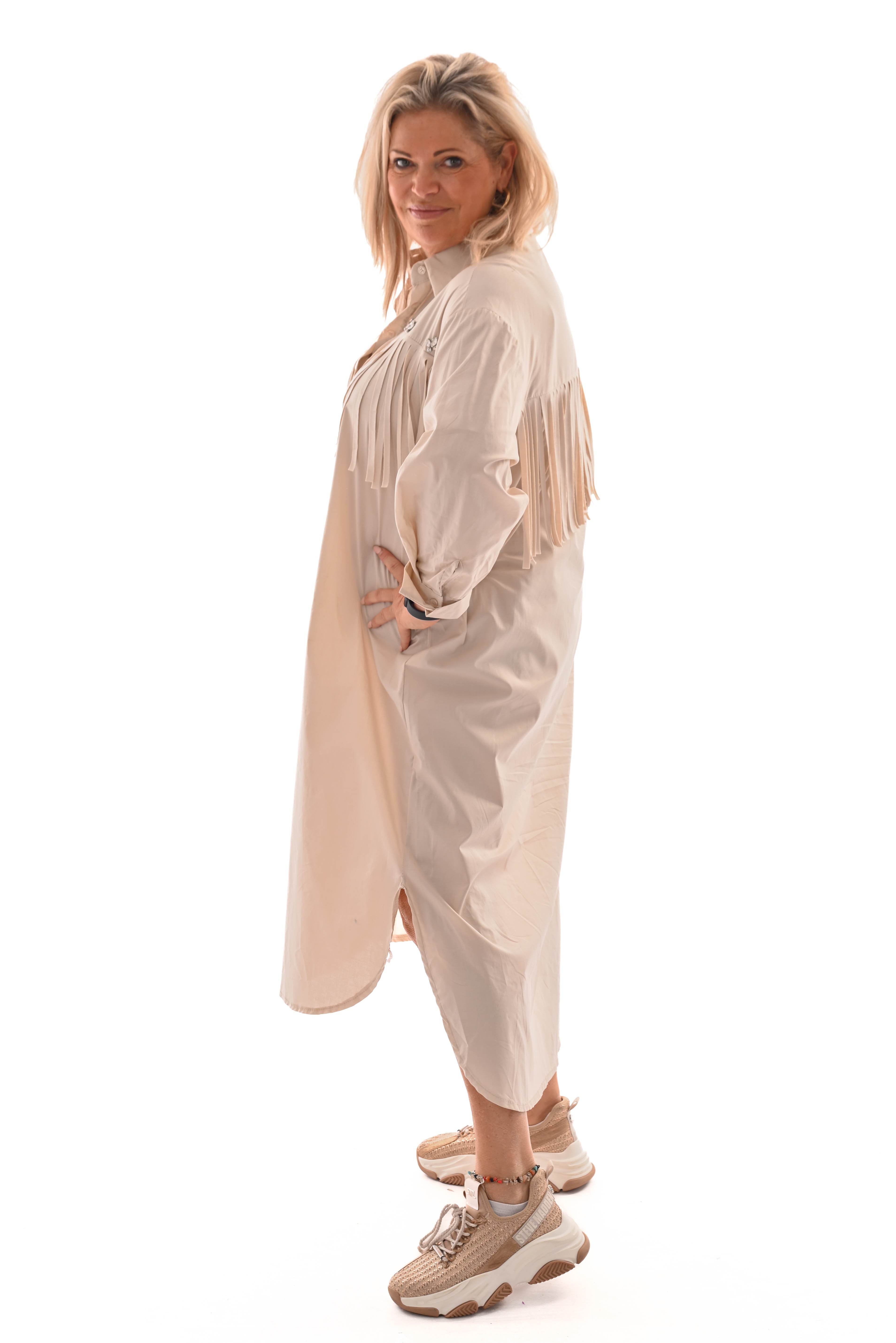 Blouse jurk met franjes met borstzak beige