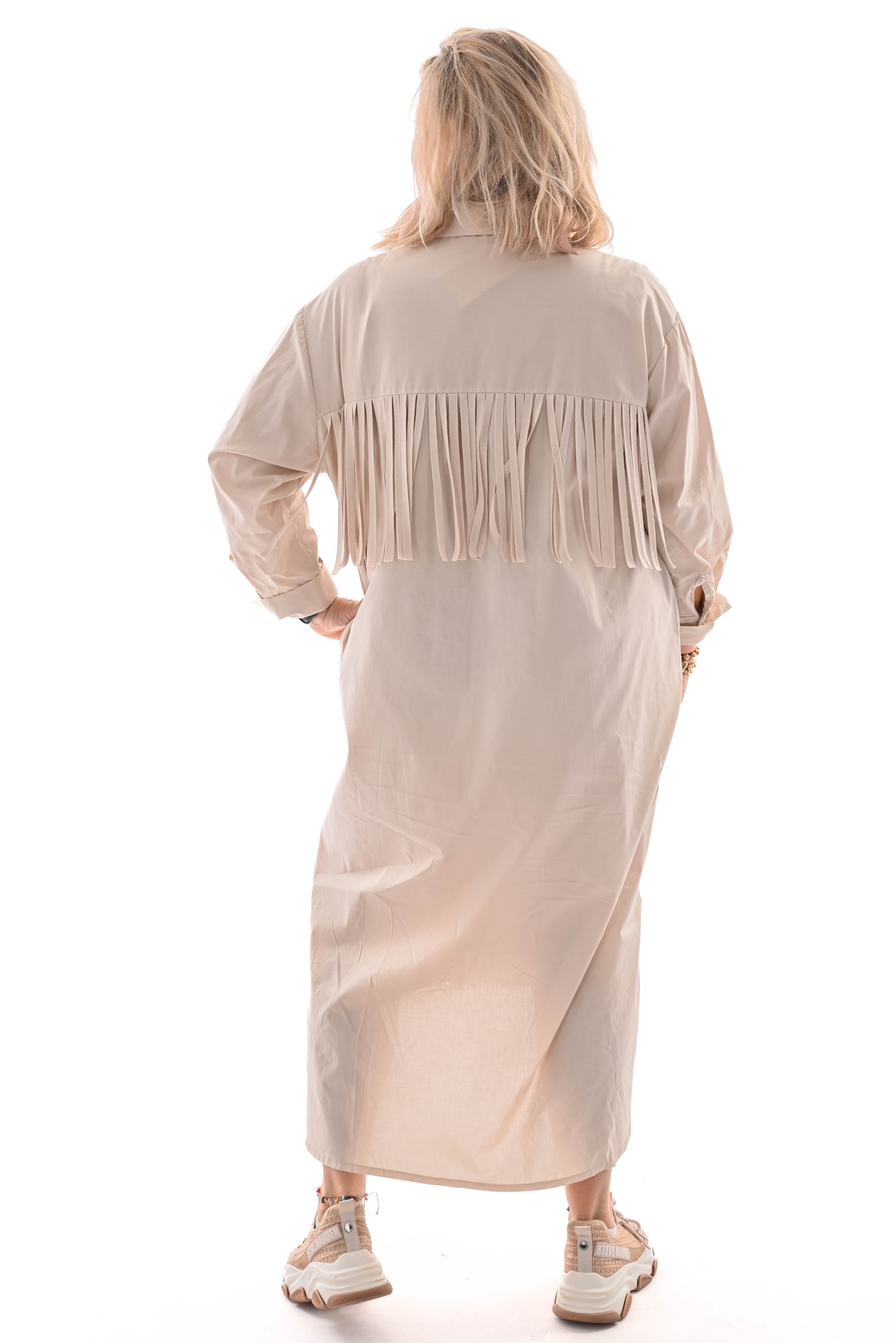Blouse jurk met franjes met borstzak beige