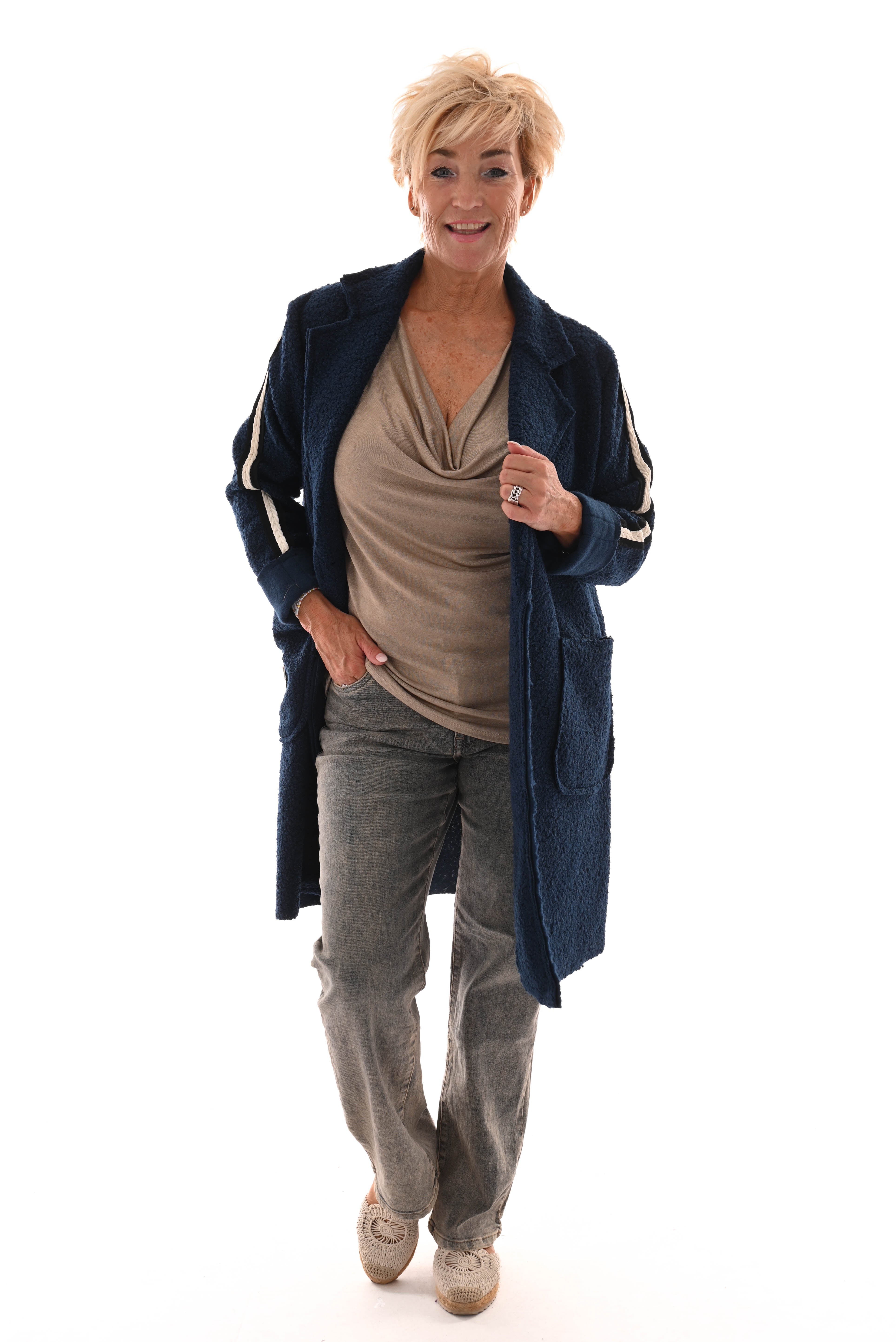 Half lange boucle jas strepen marineblauw