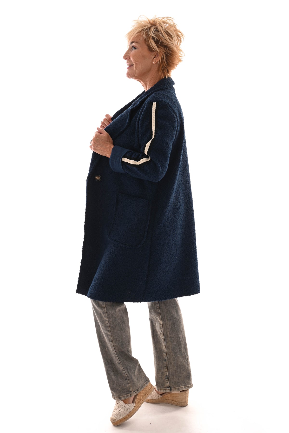 Half lange boucle jas strepen marineblauw