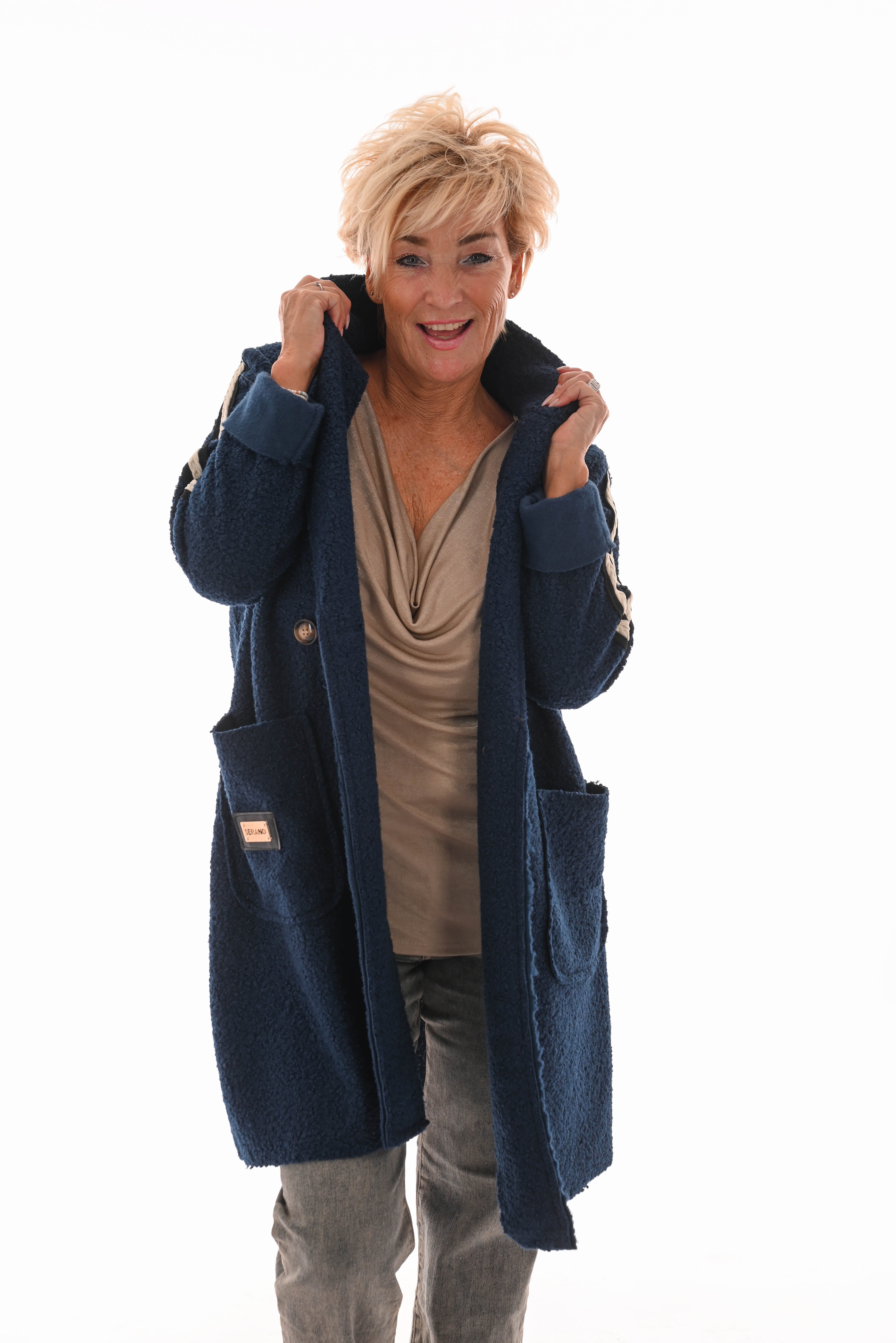 Half lange boucle jas strepen marineblauw