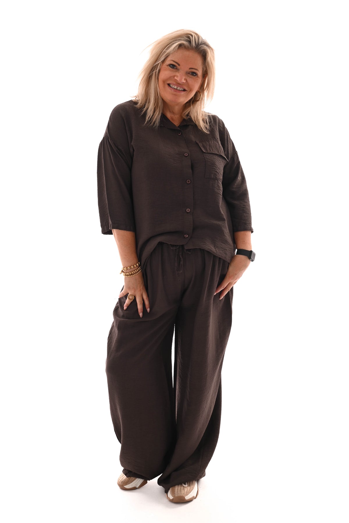 Tweedelig set blouse met borstzak uni donkerbruin