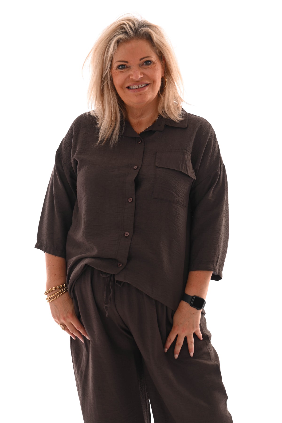 Tweedelig set blouse met borstzak uni donkerbruin