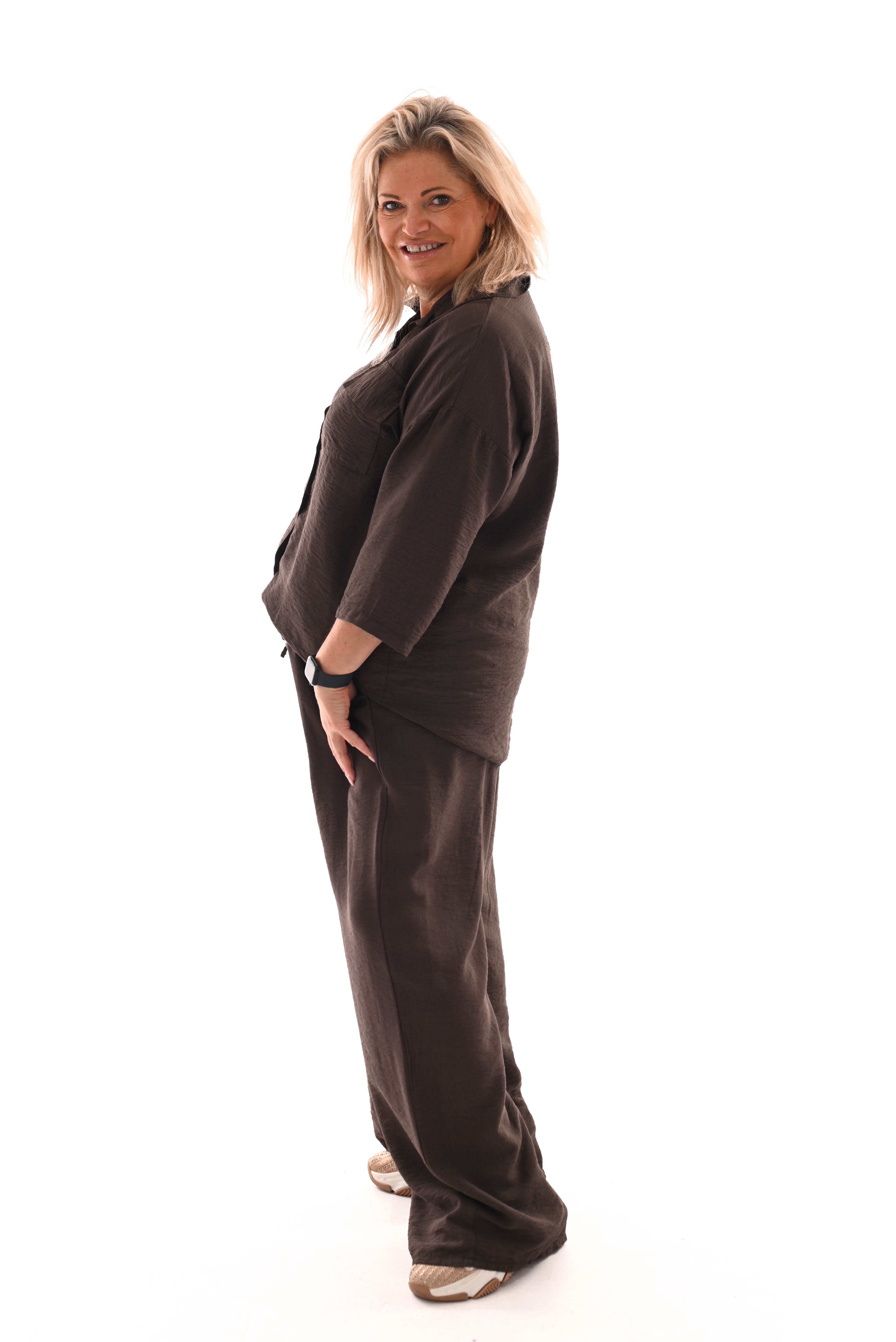 Tweedelig set blouse met borstzak uni donkerbruin