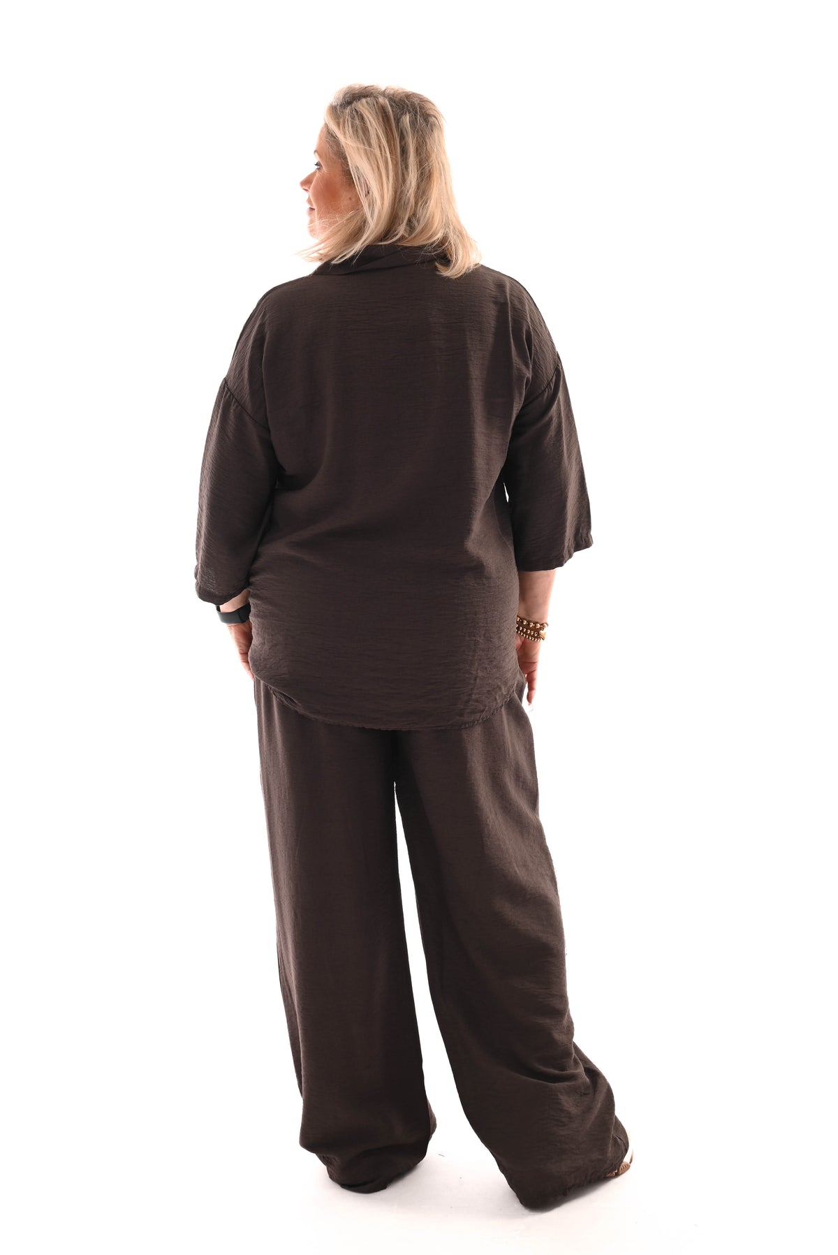 Tweedelig set blouse met borstzak uni donkerbruin