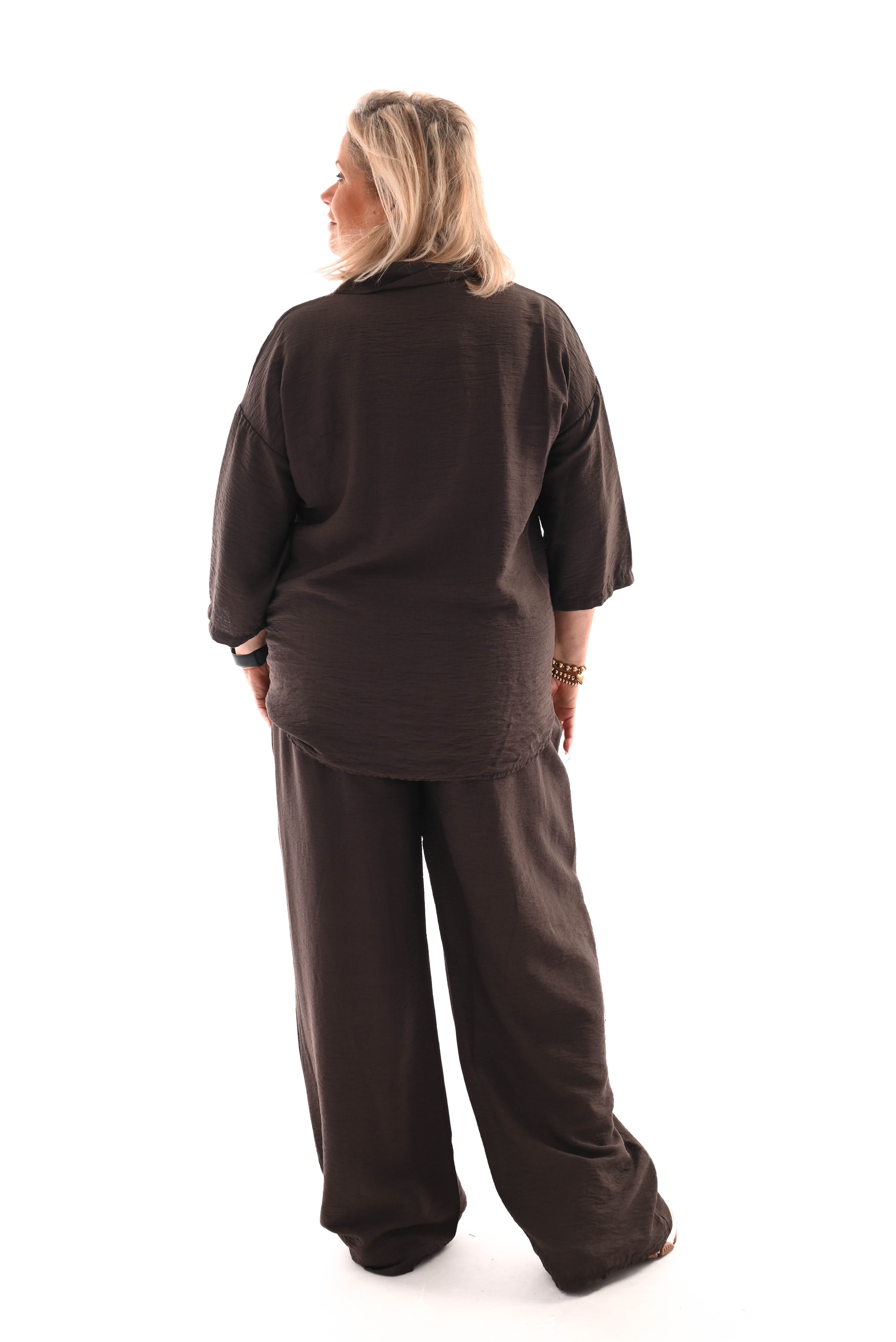 Tweedelig set blouse met borstzak uni donkerbruin