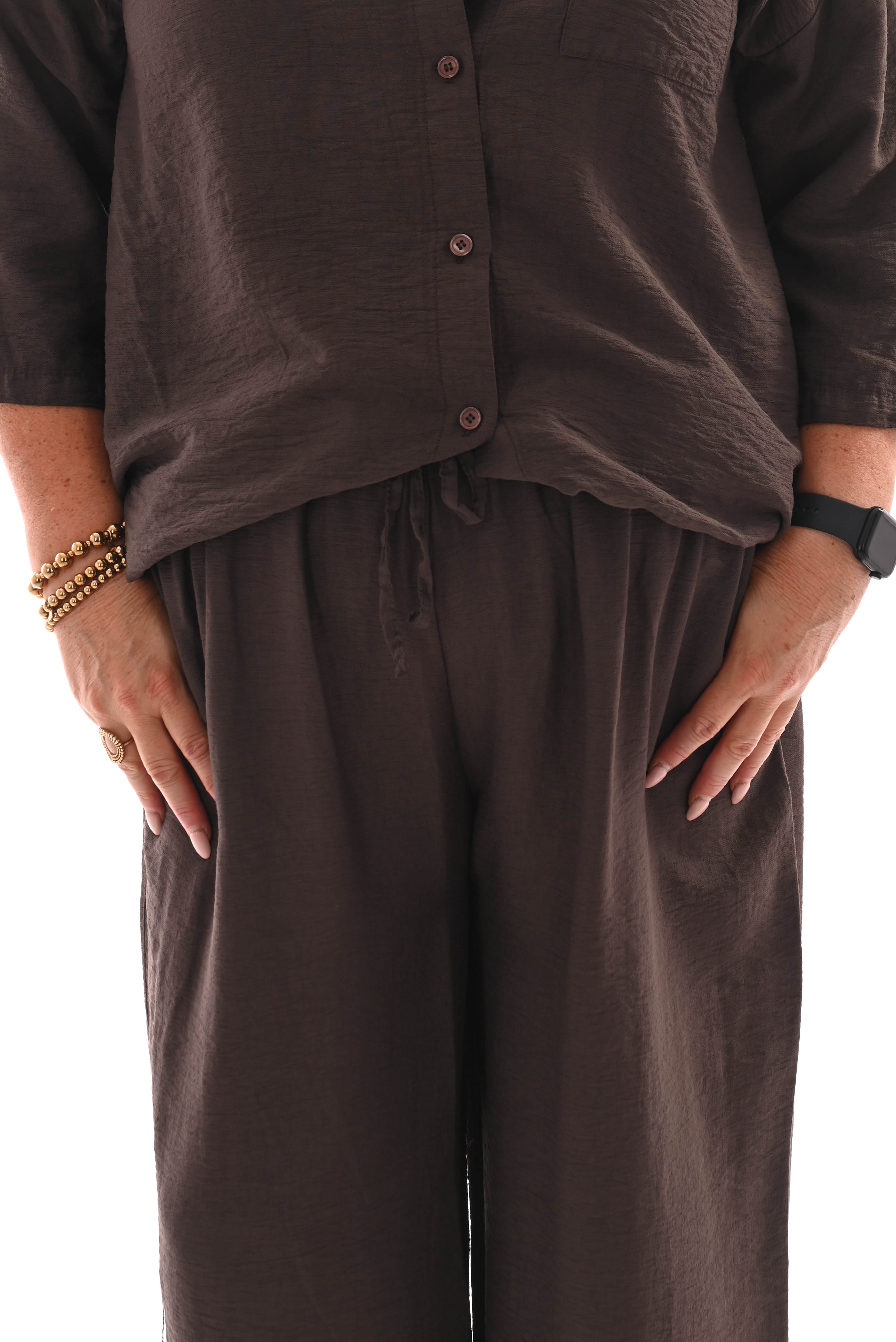 Tweedelig set blouse met borstzak uni donkerbruin