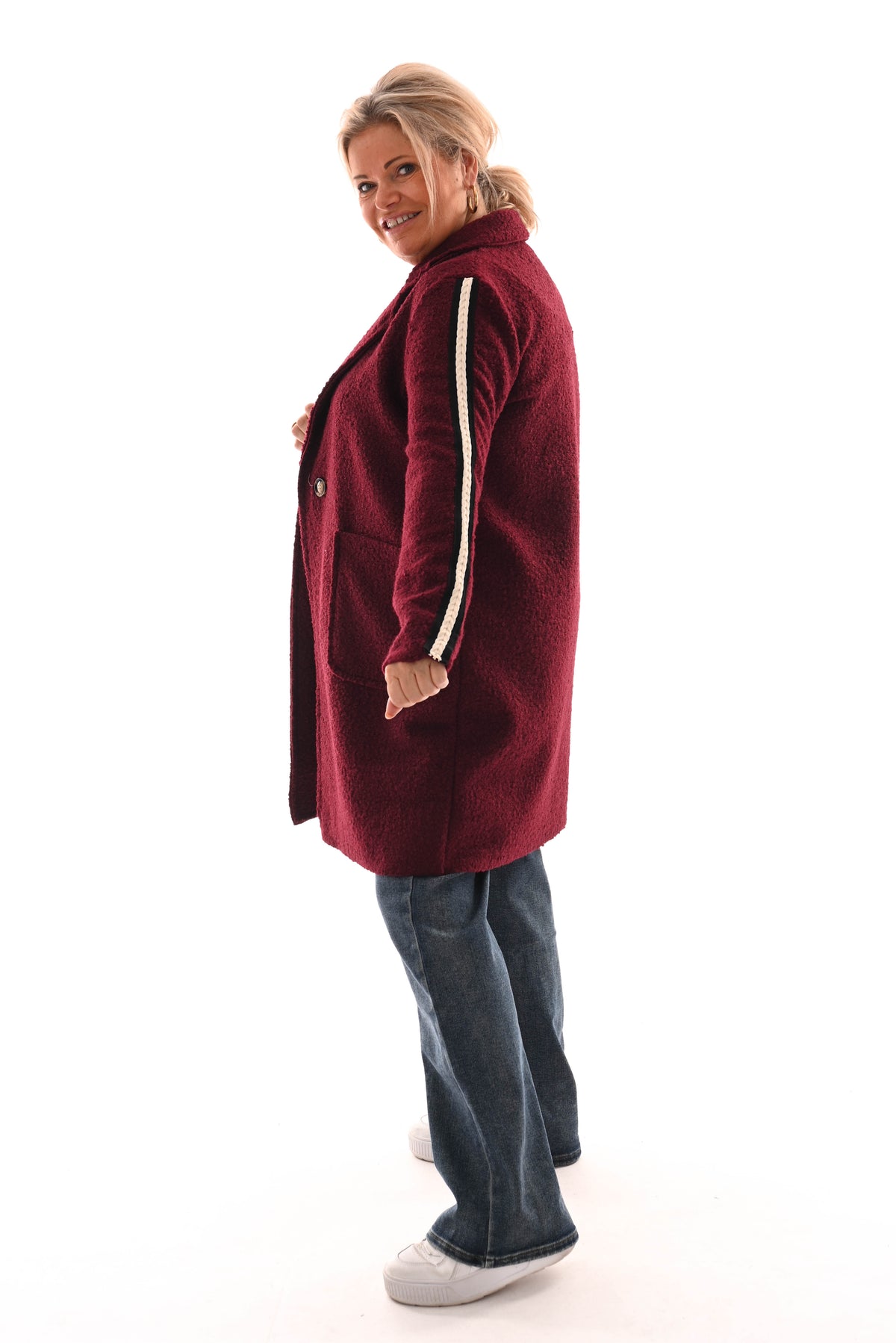 Half lange boucle jas strepen bordeaux