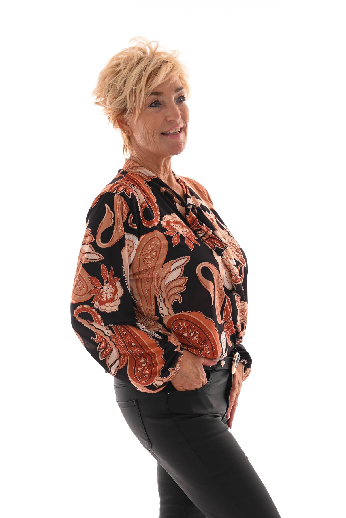 Top lange mouwen paisley strik detail zwart