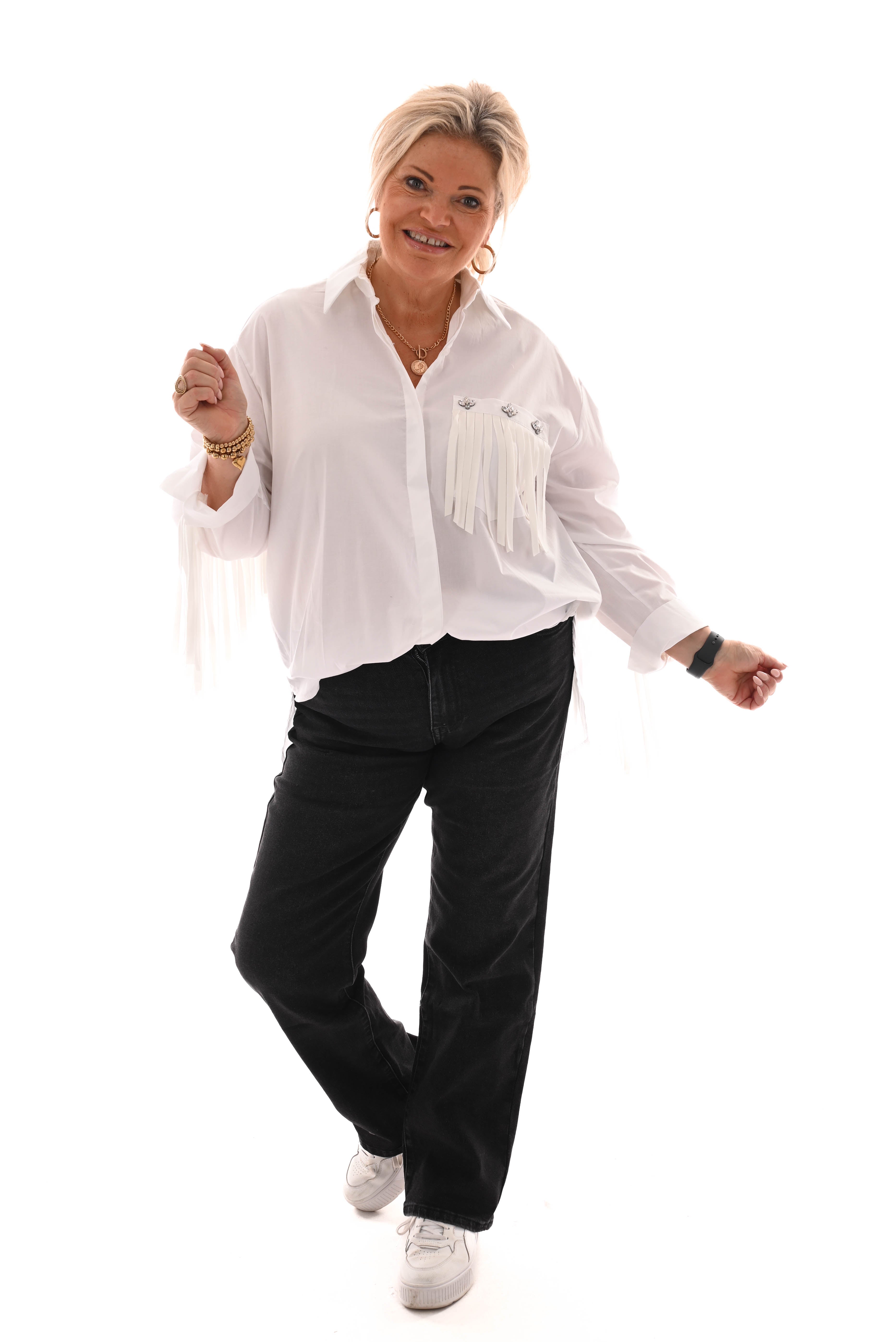 Blouse franjes met borstzak roomwit