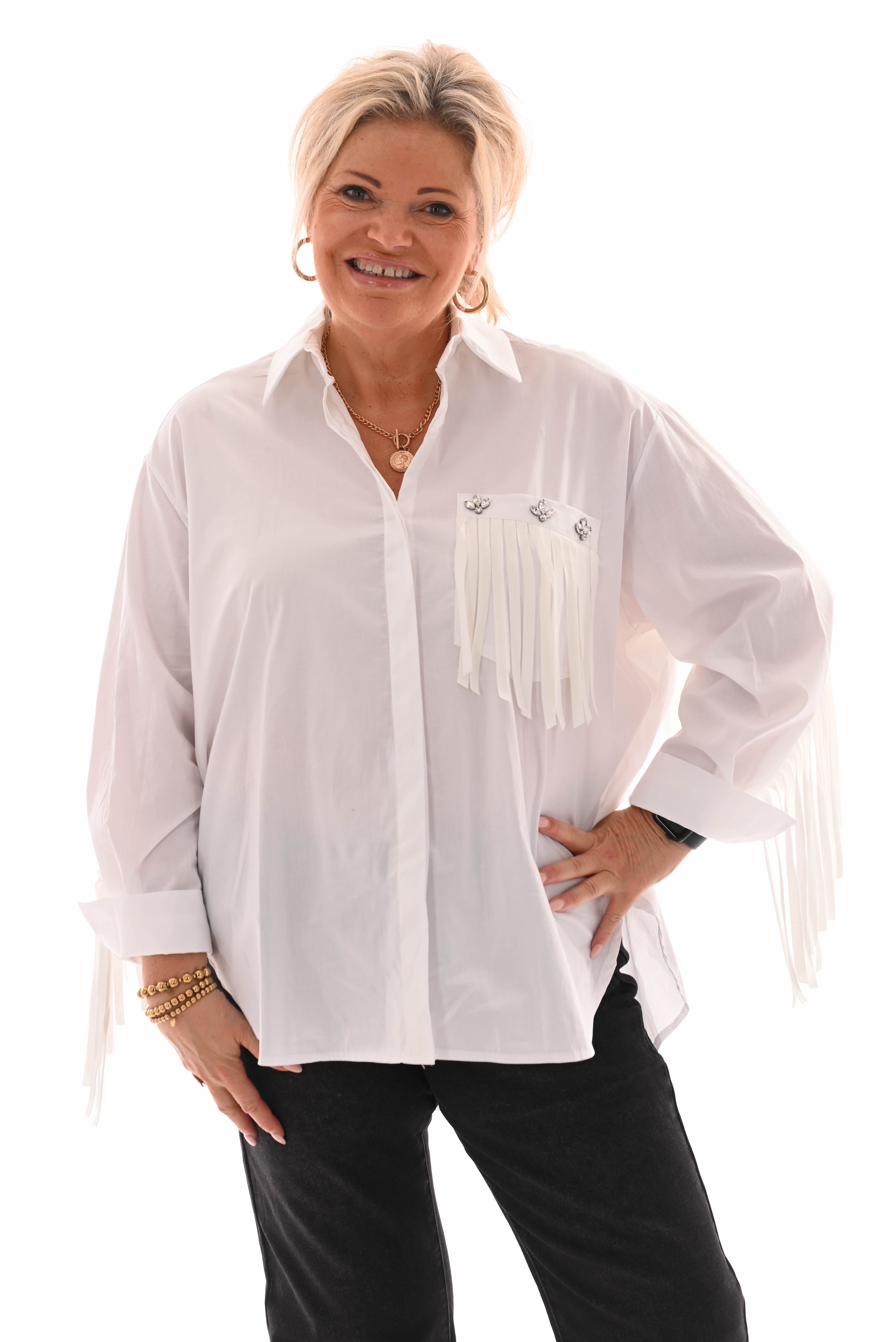 Blouse franjes met borstzak roomwit