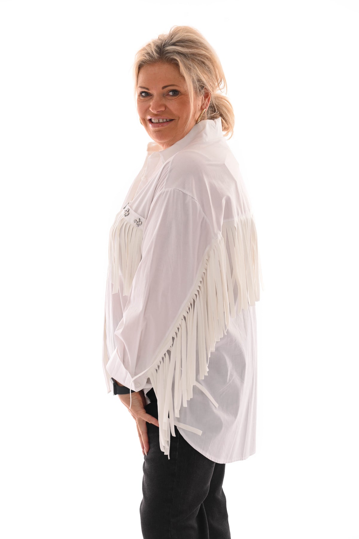 Blouse franjes met borstzak roomwit